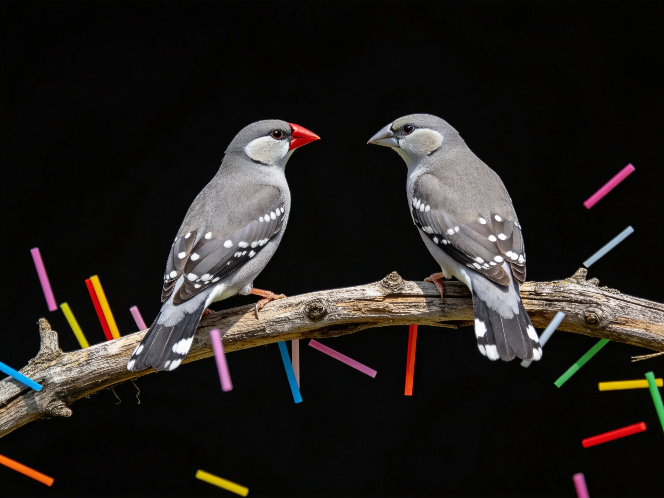 Two gray birds perch on a branch amid colorful sticks against a black background