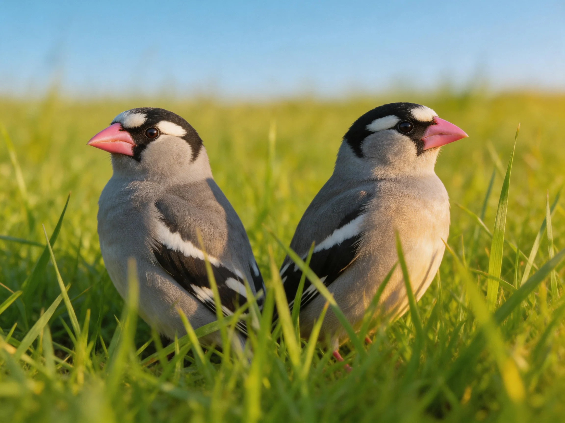 Two gray birds with black and white markings stand in tall green grass