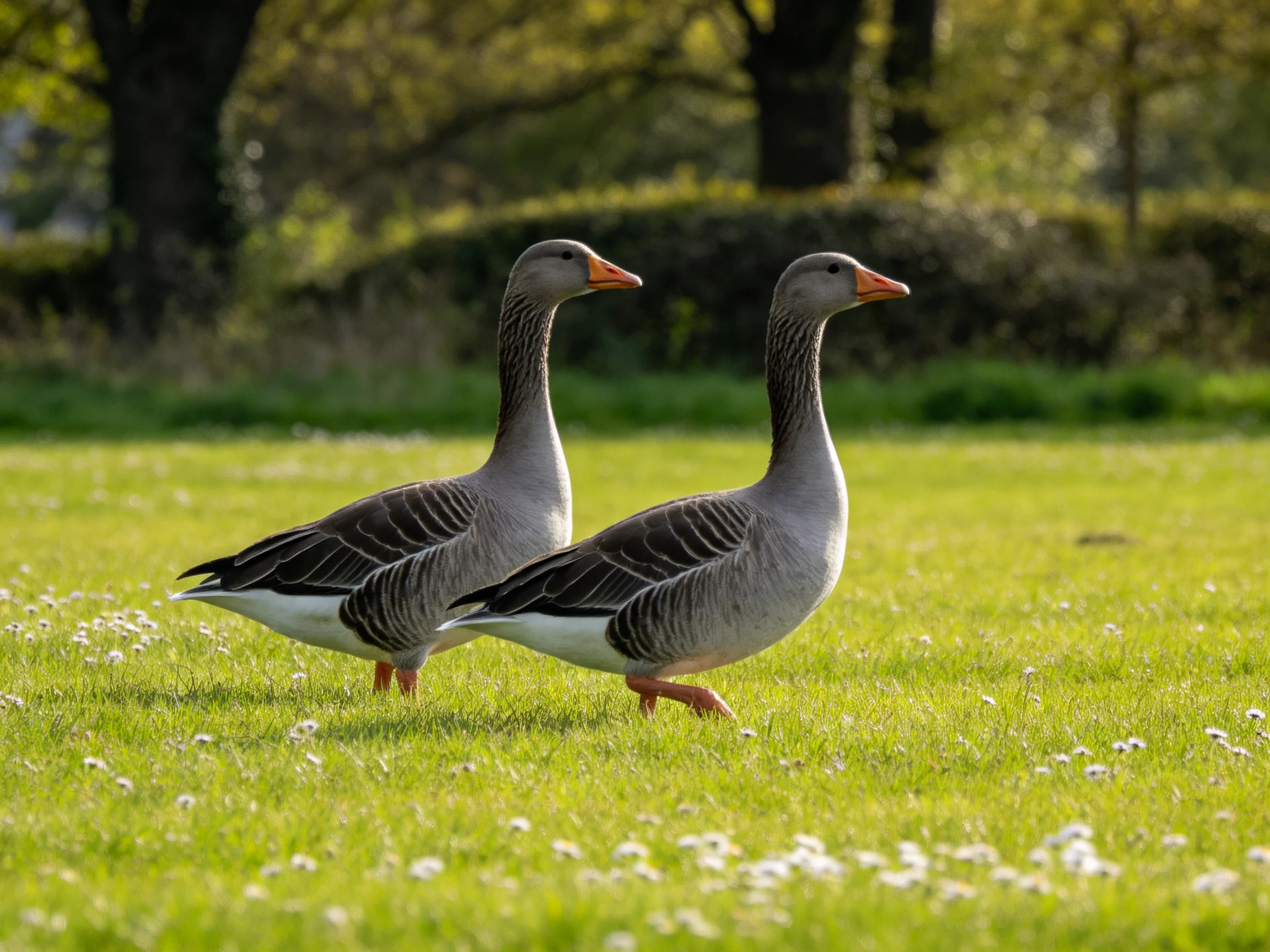 Two gray geese stroll through a sunlit green meadow