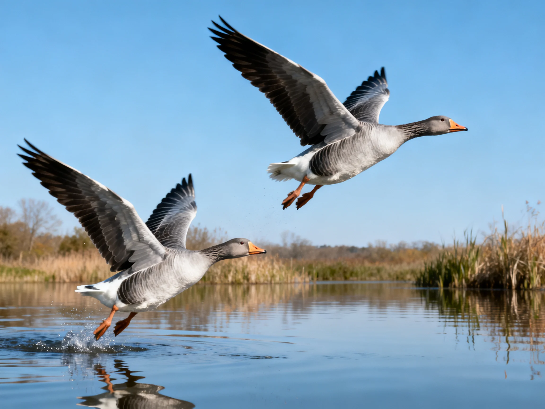 Two gray geese take flight over a serene waterway
