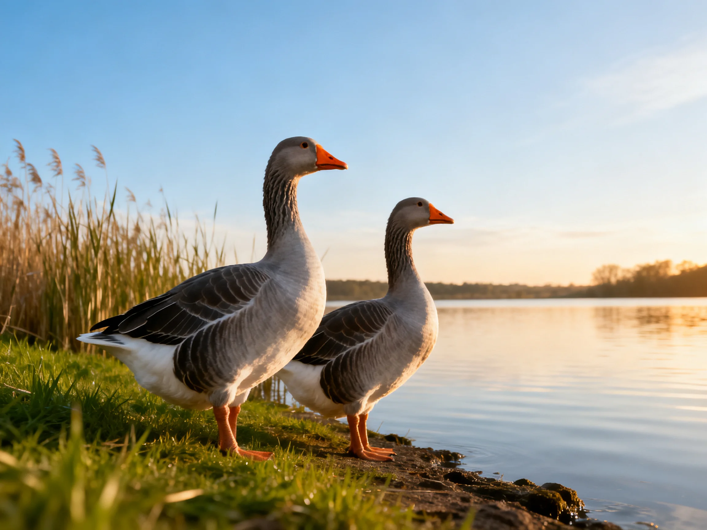 Two gray geese with orange beaks near a calm lake at golden hour