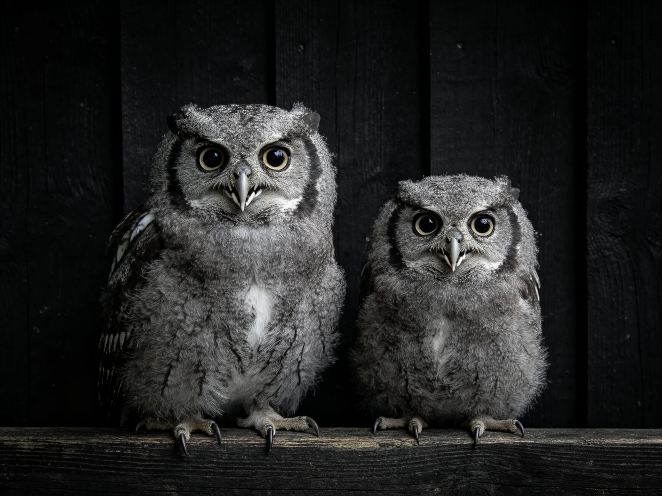 Two gray owls perched side by side against dark wood