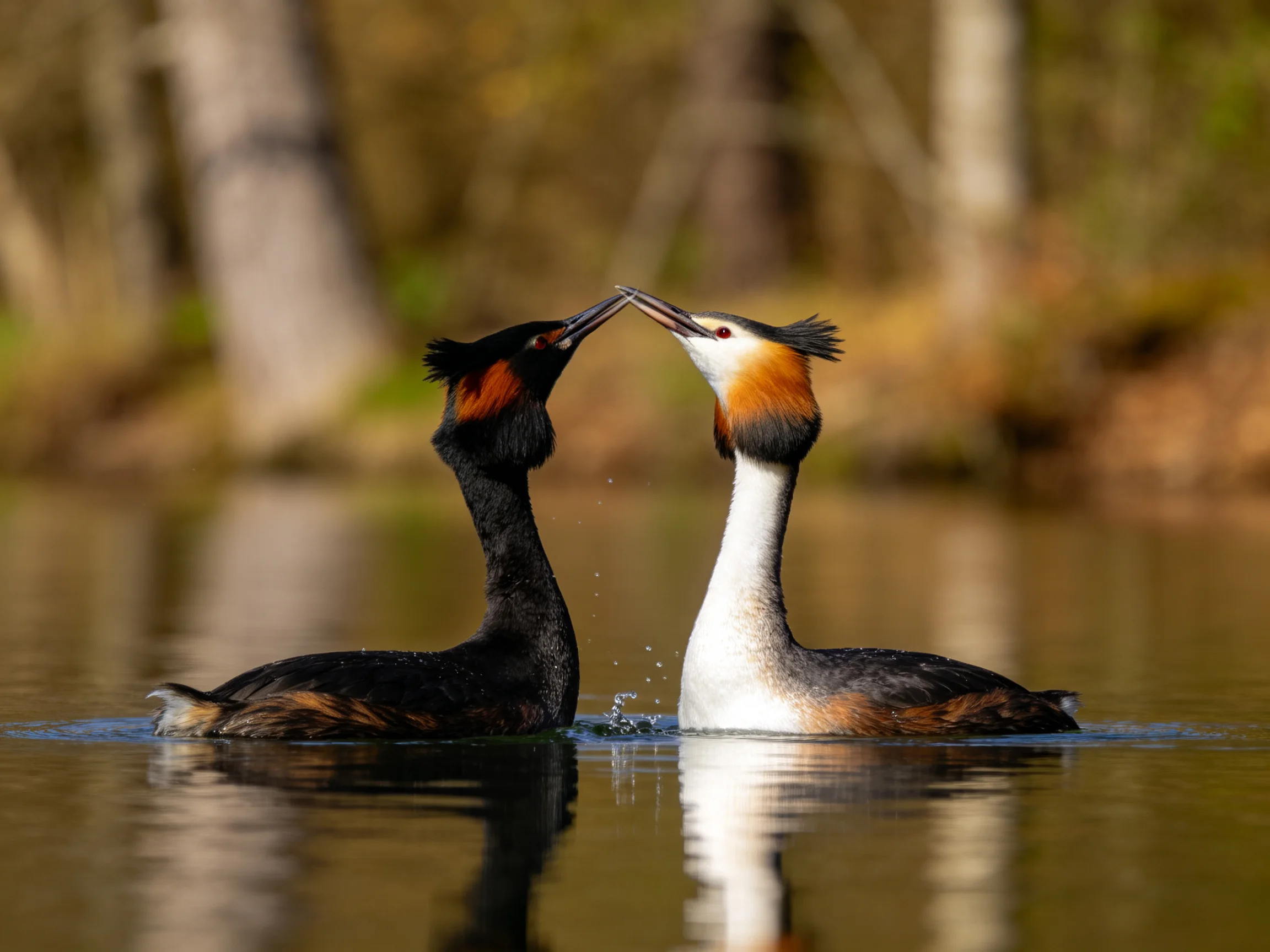 Two great crested grebes courtship display on calm water