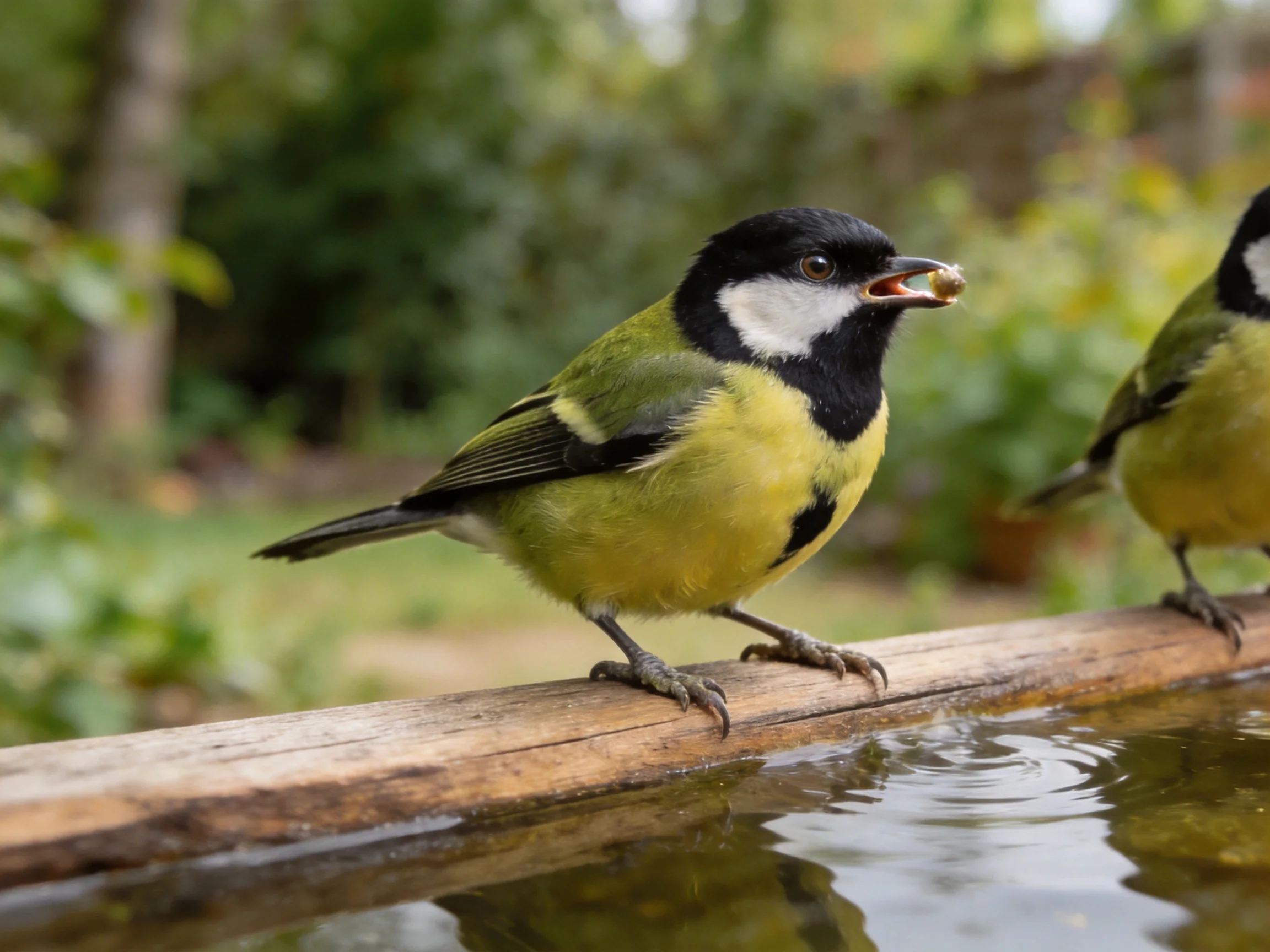 Two great tits with colorful plumage perch on a wooden beam near water.