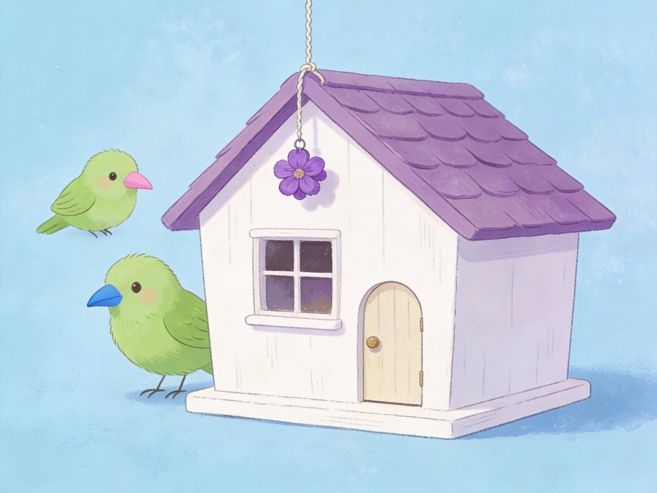 Two green birds beside a white purple-roofed hanging birdhouse