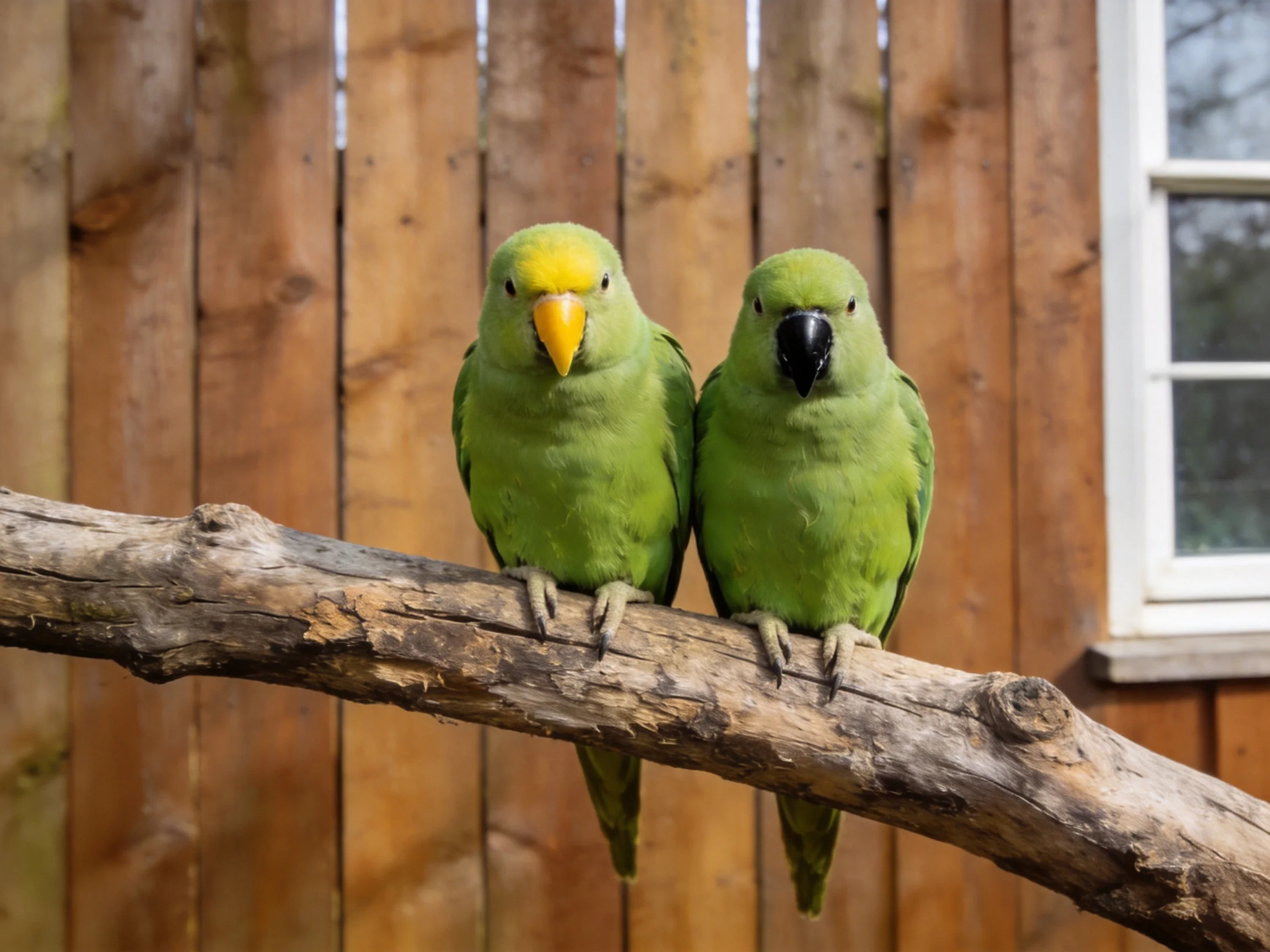 Two green parrots sit side by side on a gnarled branch
