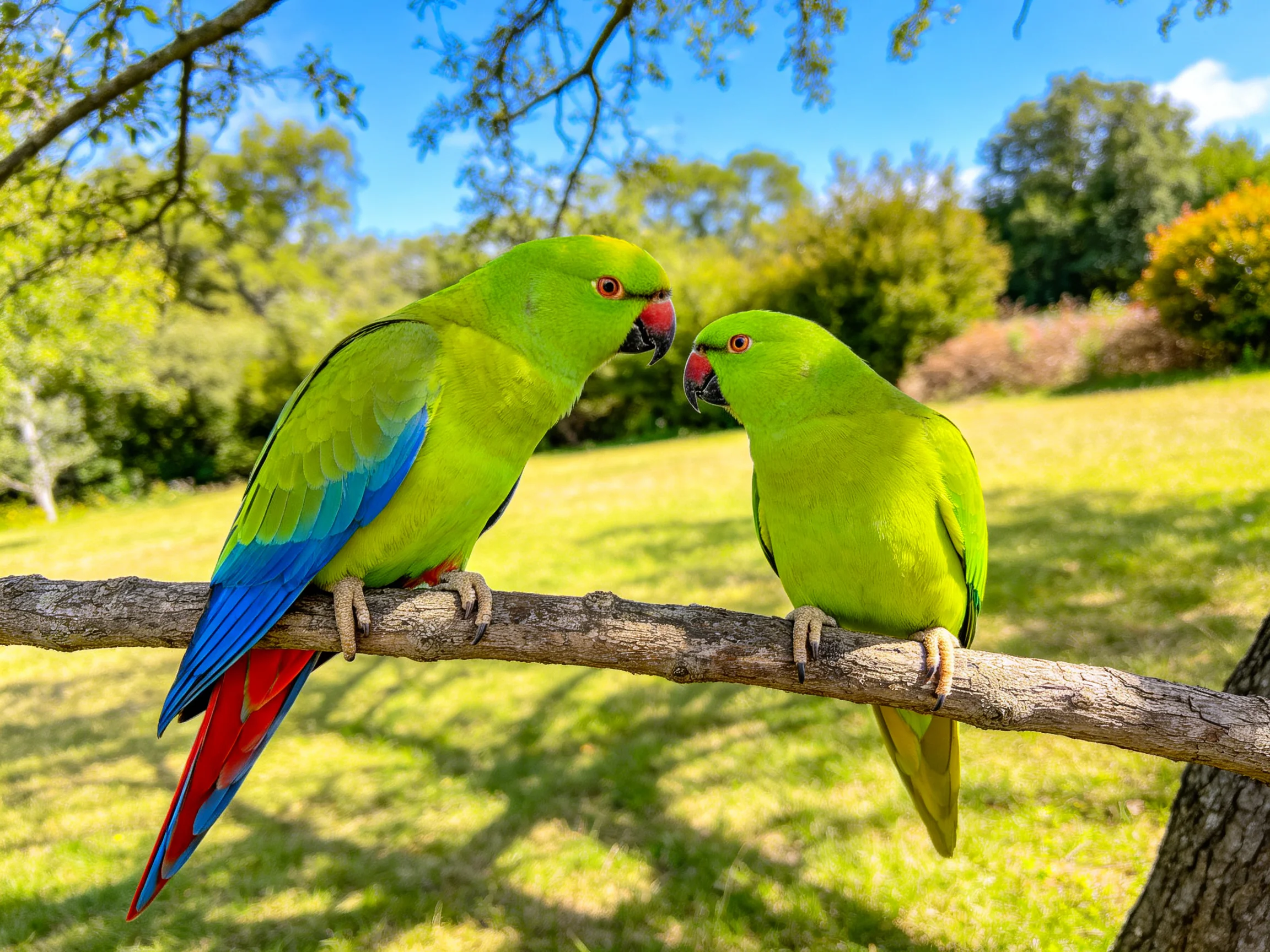 Two green parrots with colorful wings perch on a tree branch