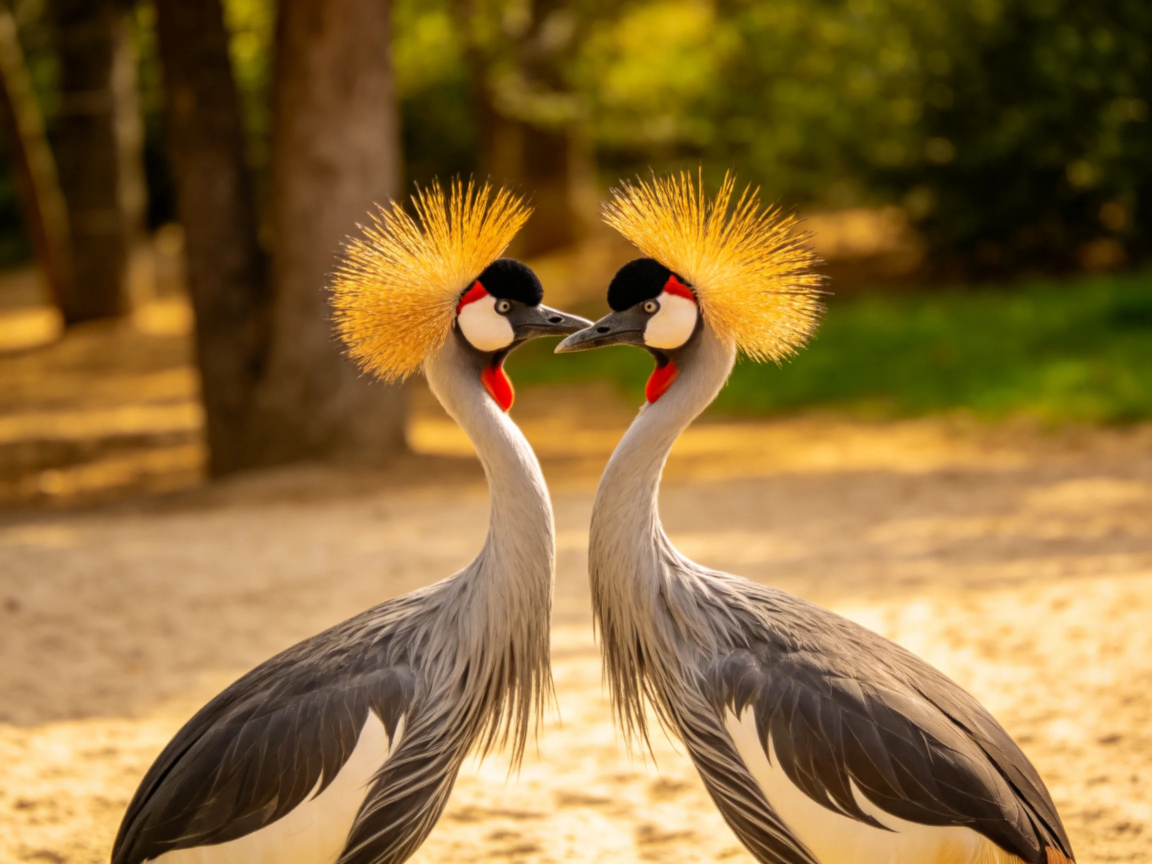 Two grey and gold crowned cranes face-to-face outdoors