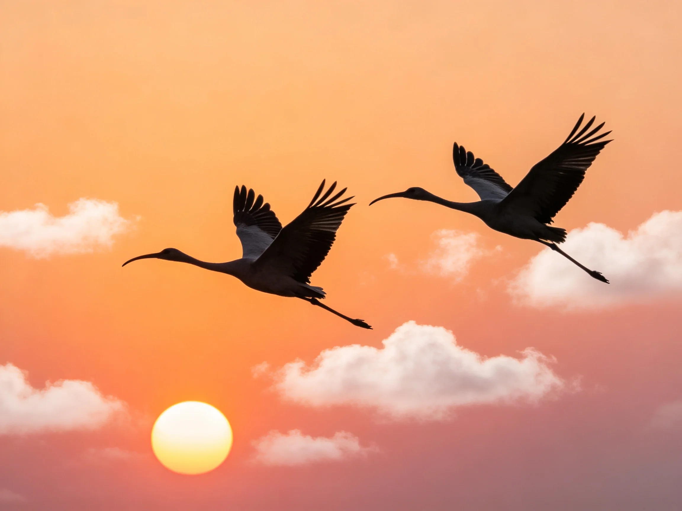 Two ibises fly through vibrant orange sunset sky with clouds