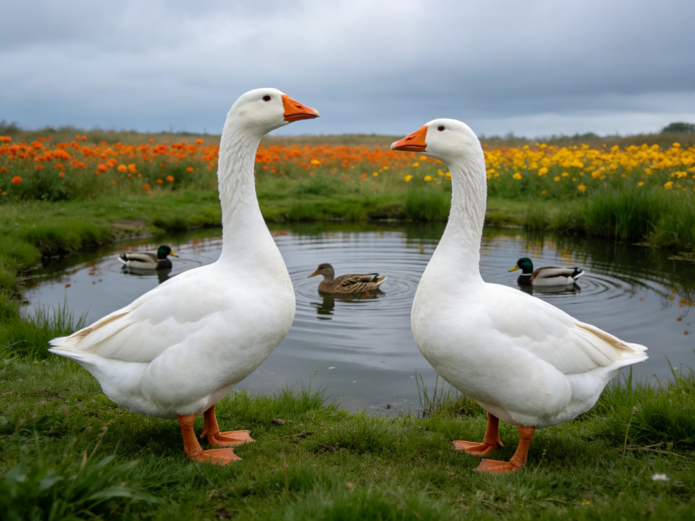 Two large white geese stand near a pond with ducks and vibrant wildflowers