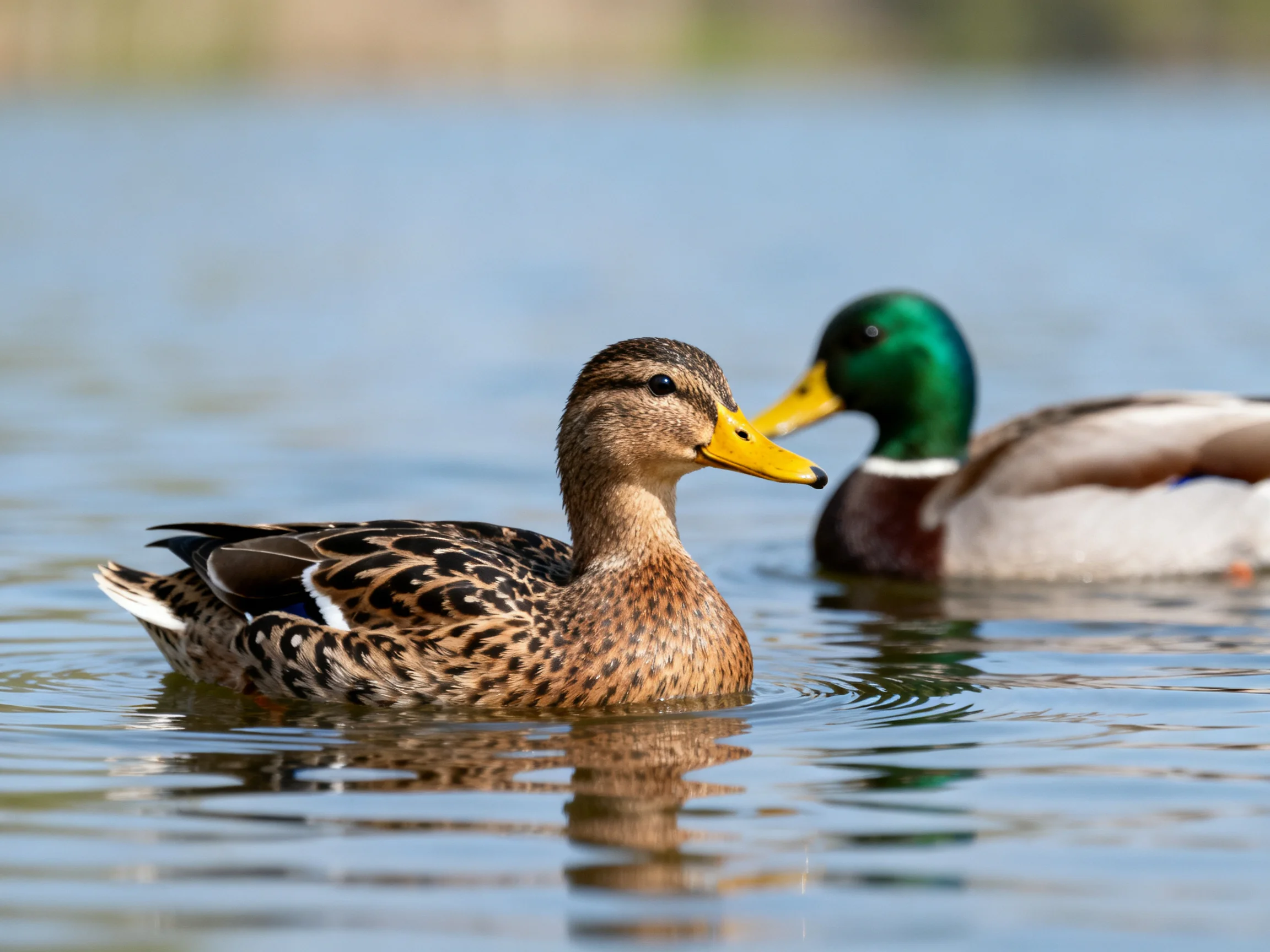 Two mallard ducks swim in calm blue water