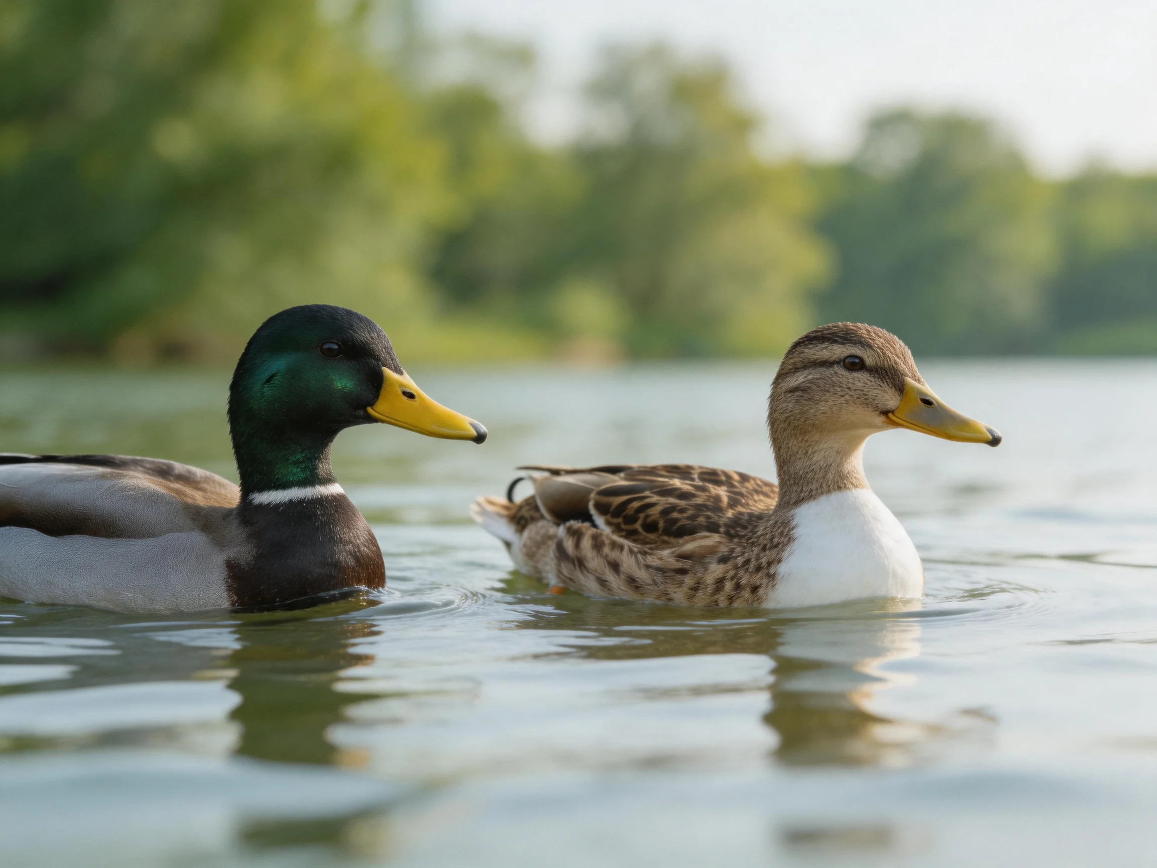 Two mallard ducks swimming in calm water near green foliage