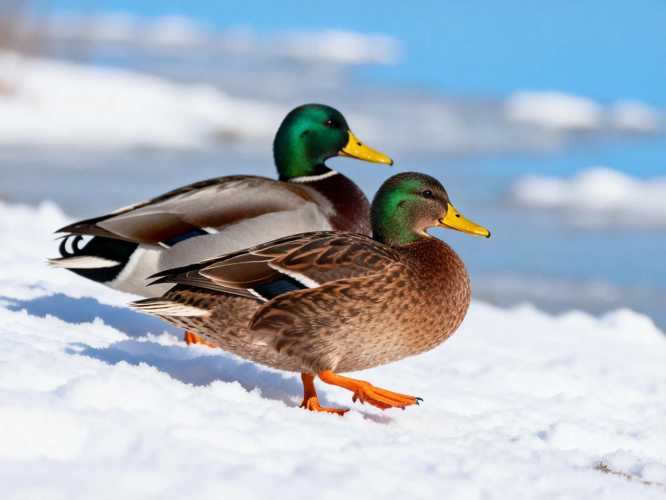Two mallard ducks walk on snow near icy waters