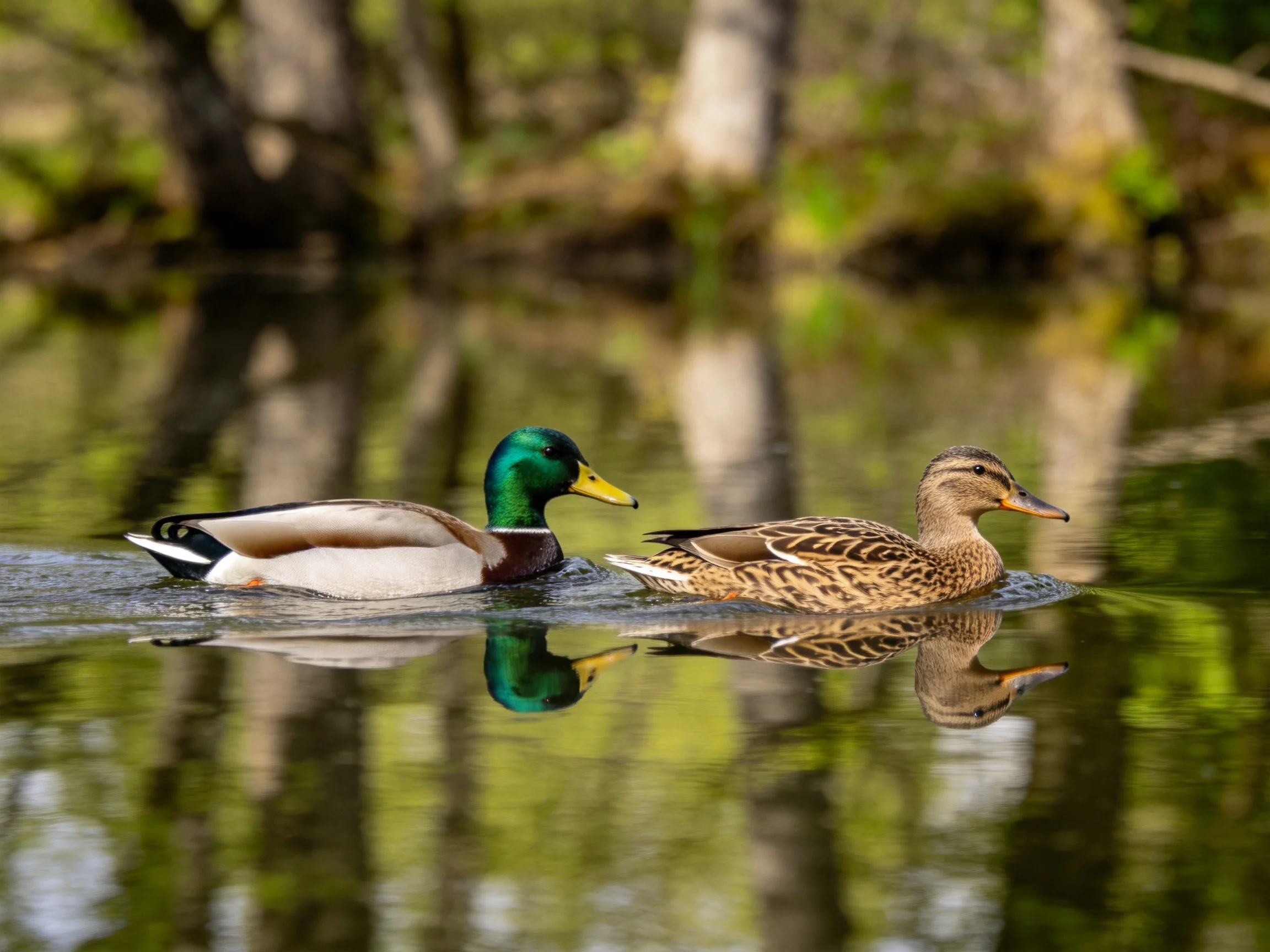 Two mallards swim in reflective forest pond waters