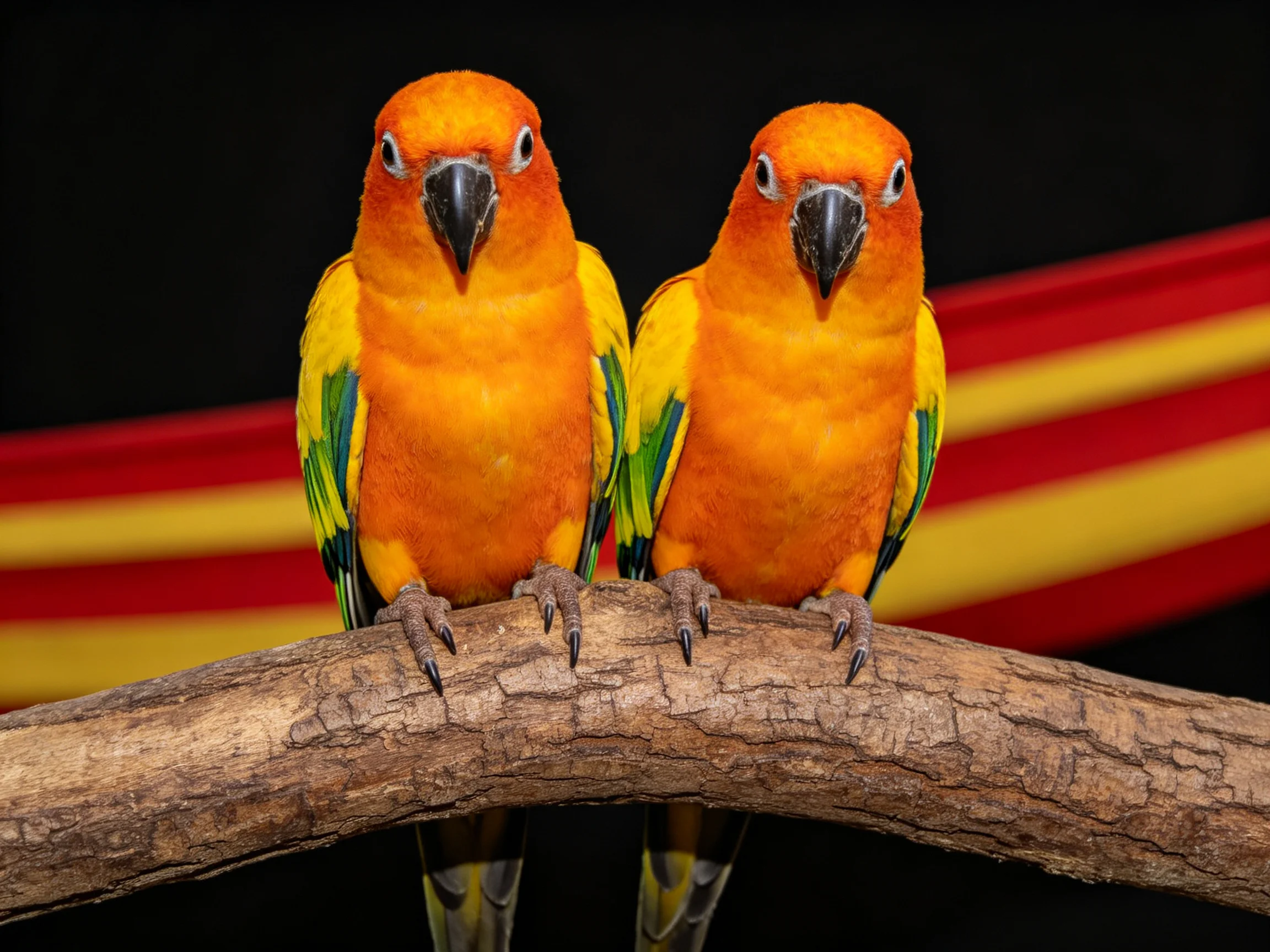 Two orange-yellow parrots with green wing patches perch on a brown tree branch