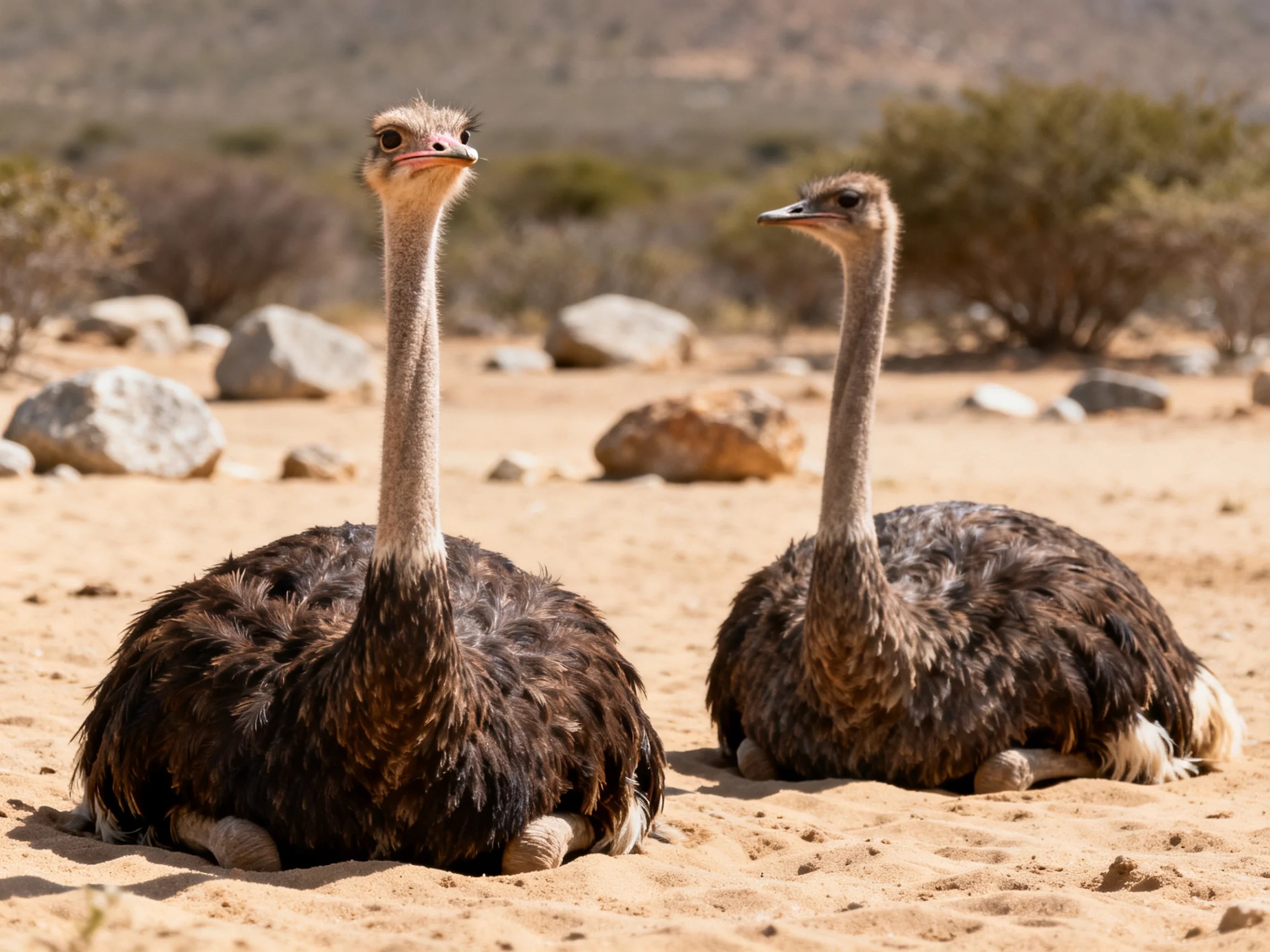 Two ostriches rest on sandy ground amid rocks and shrubs