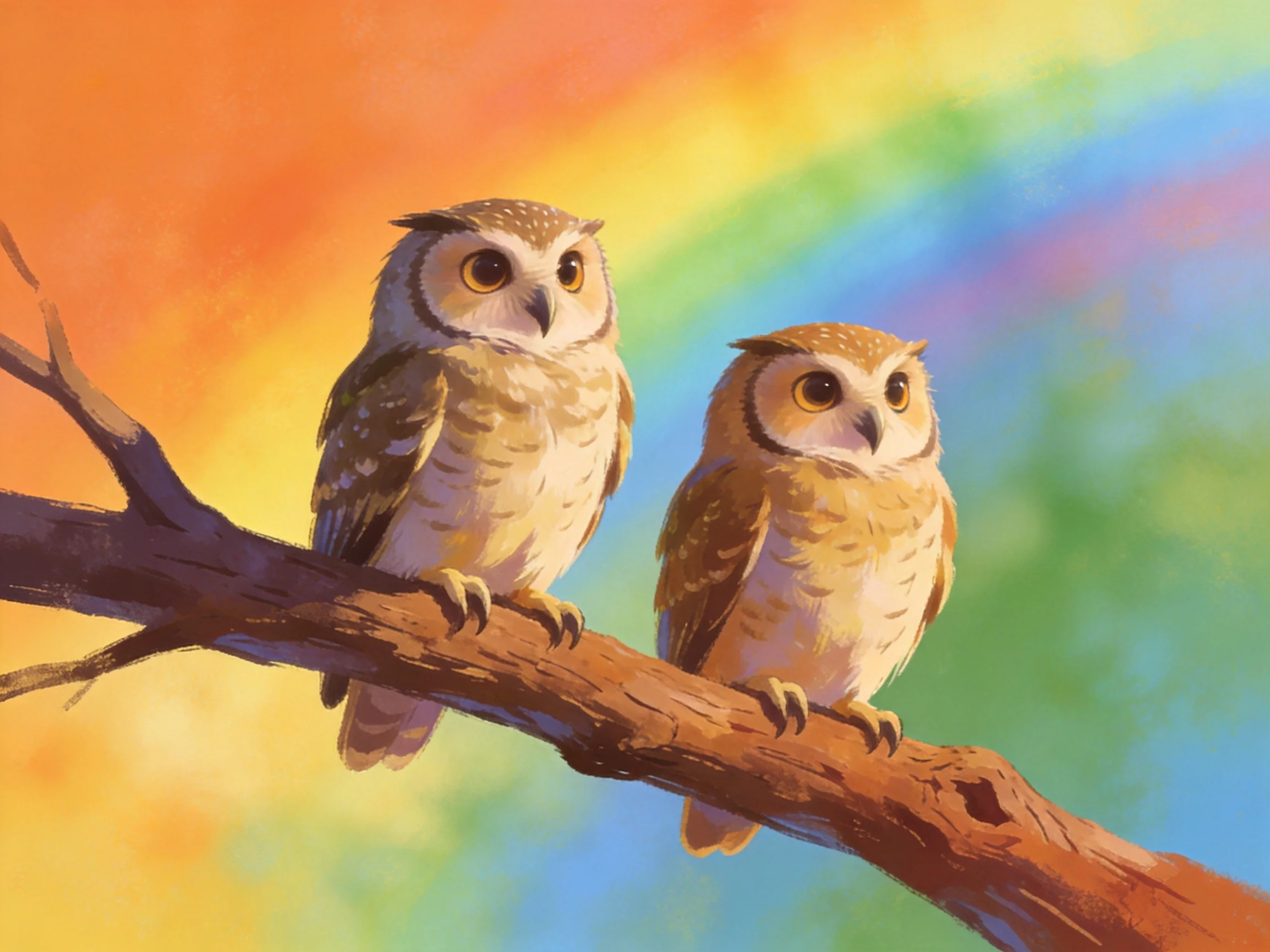 Two owls sit on a brown tree branch with a vibrant rainbow sky