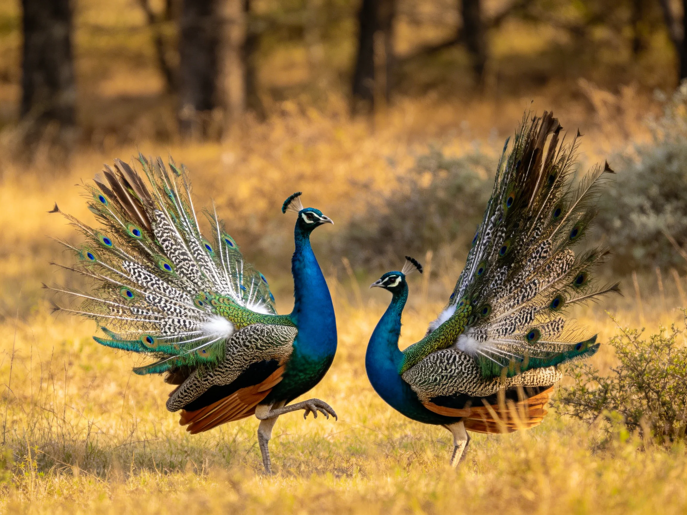 Two peacocks display vibrant plumage in golden savannah