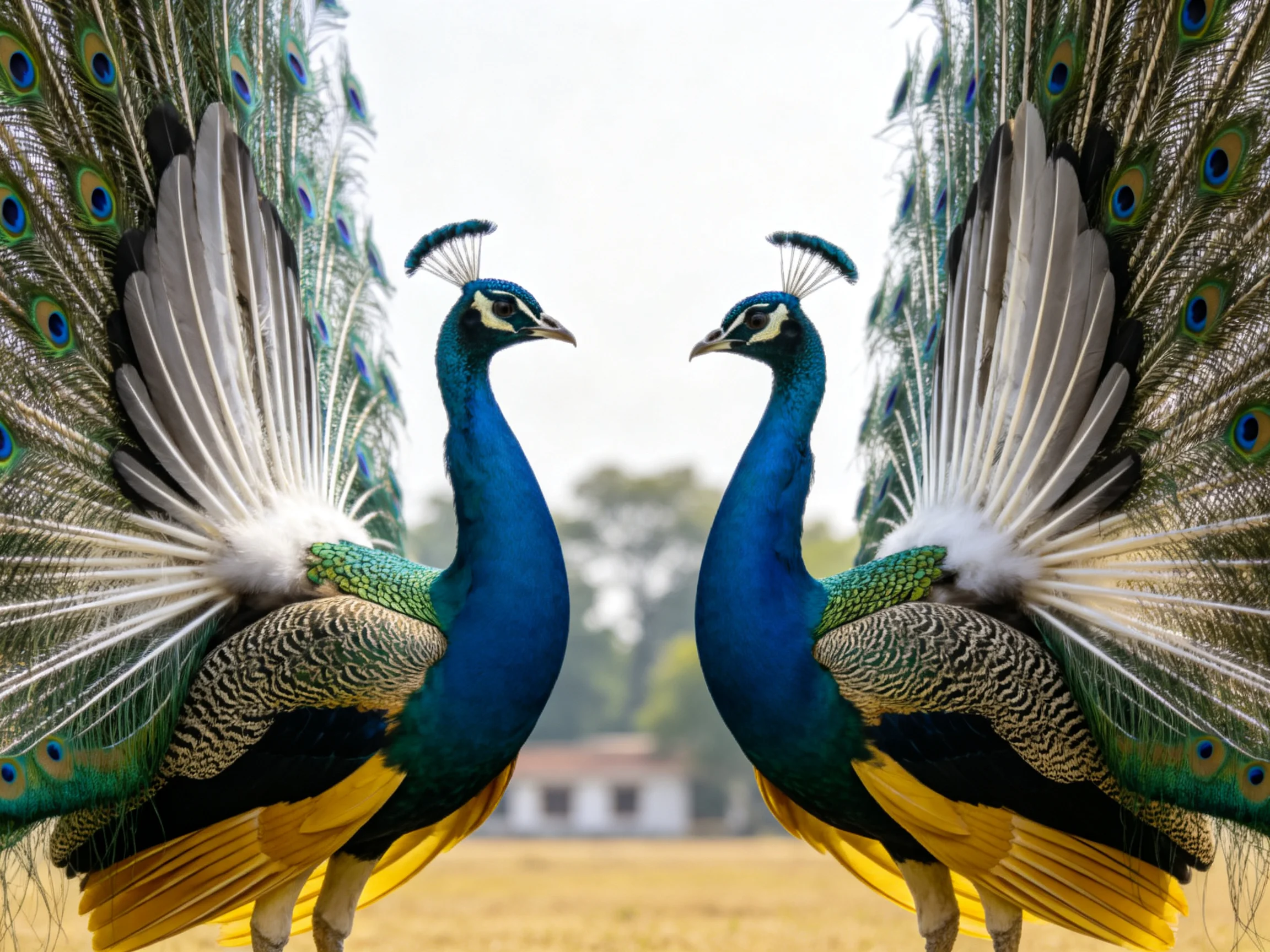 Two peacocks displaying vibrant tail feathers outdoors