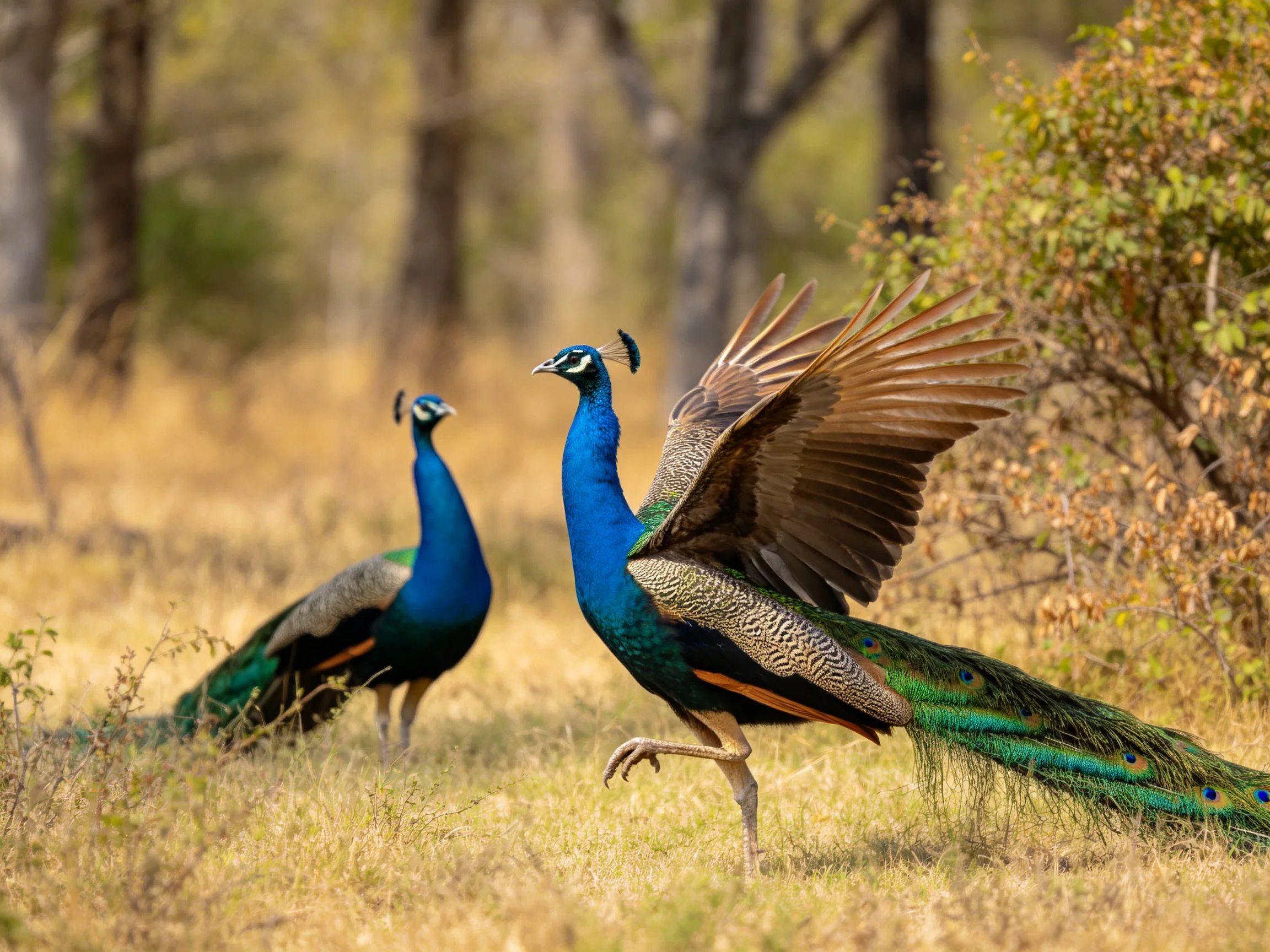 Two peacocks showcase vivid blues and greens in a sunlit field