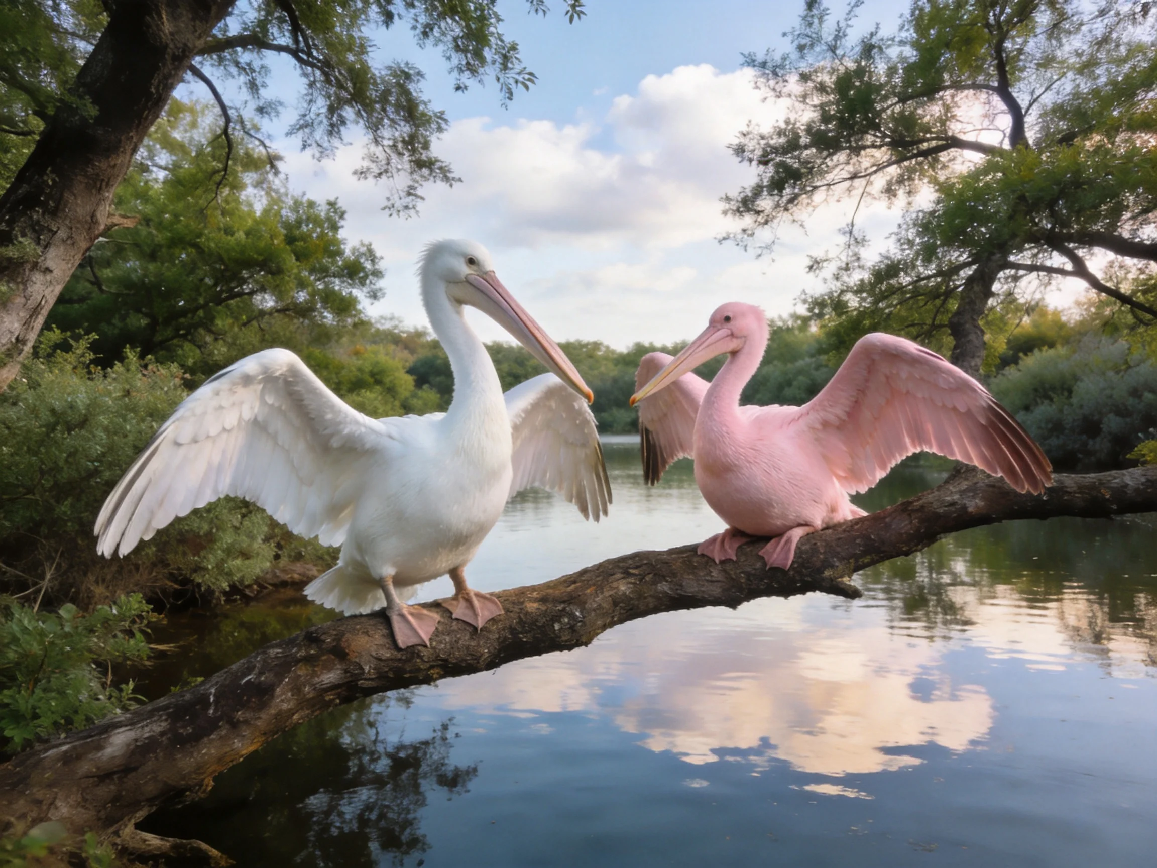 Two pelicans, one white and one pink, rest on a tree branch by calm water