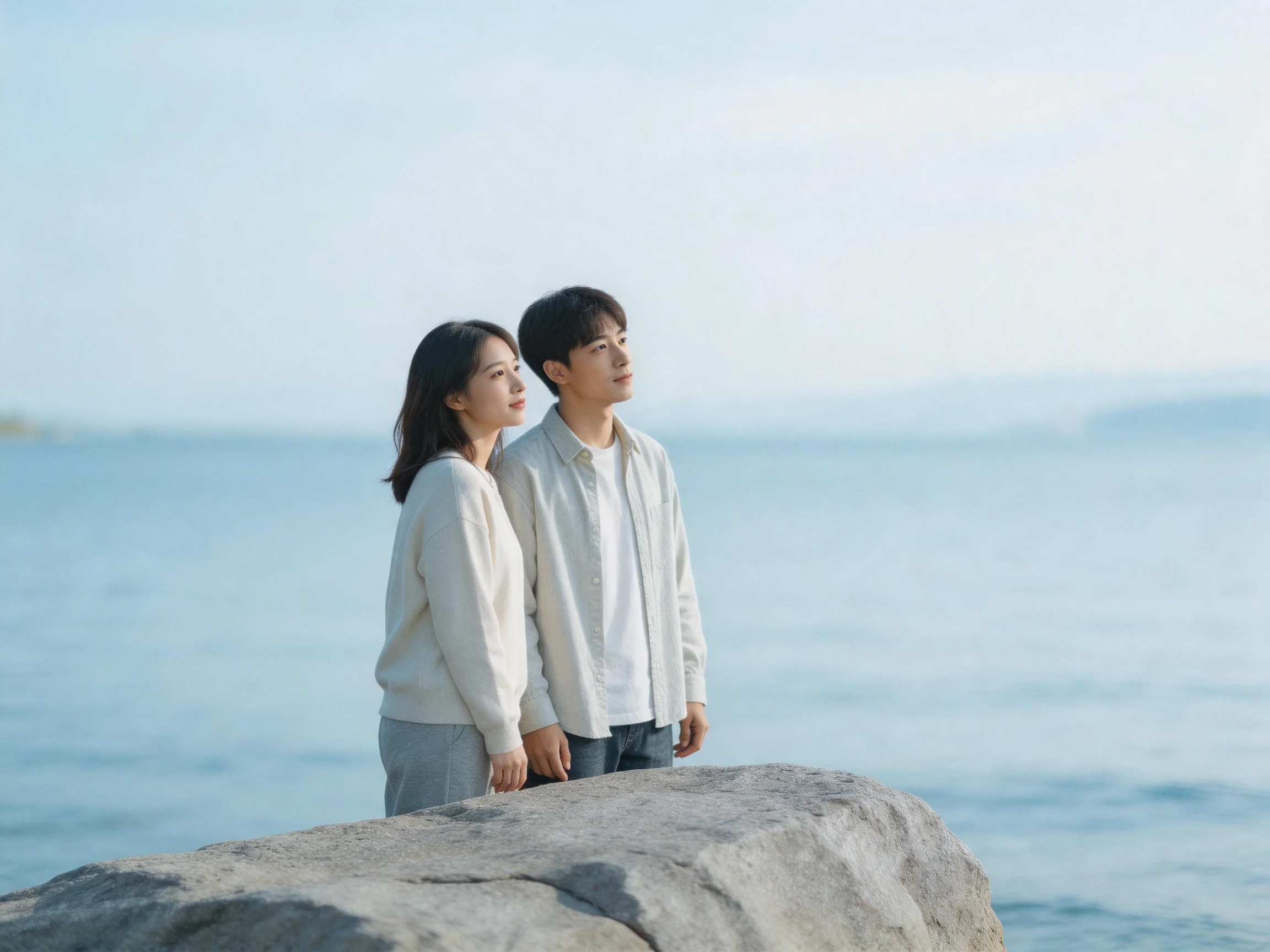 Two people stand by calm blue waters on a large gray rock