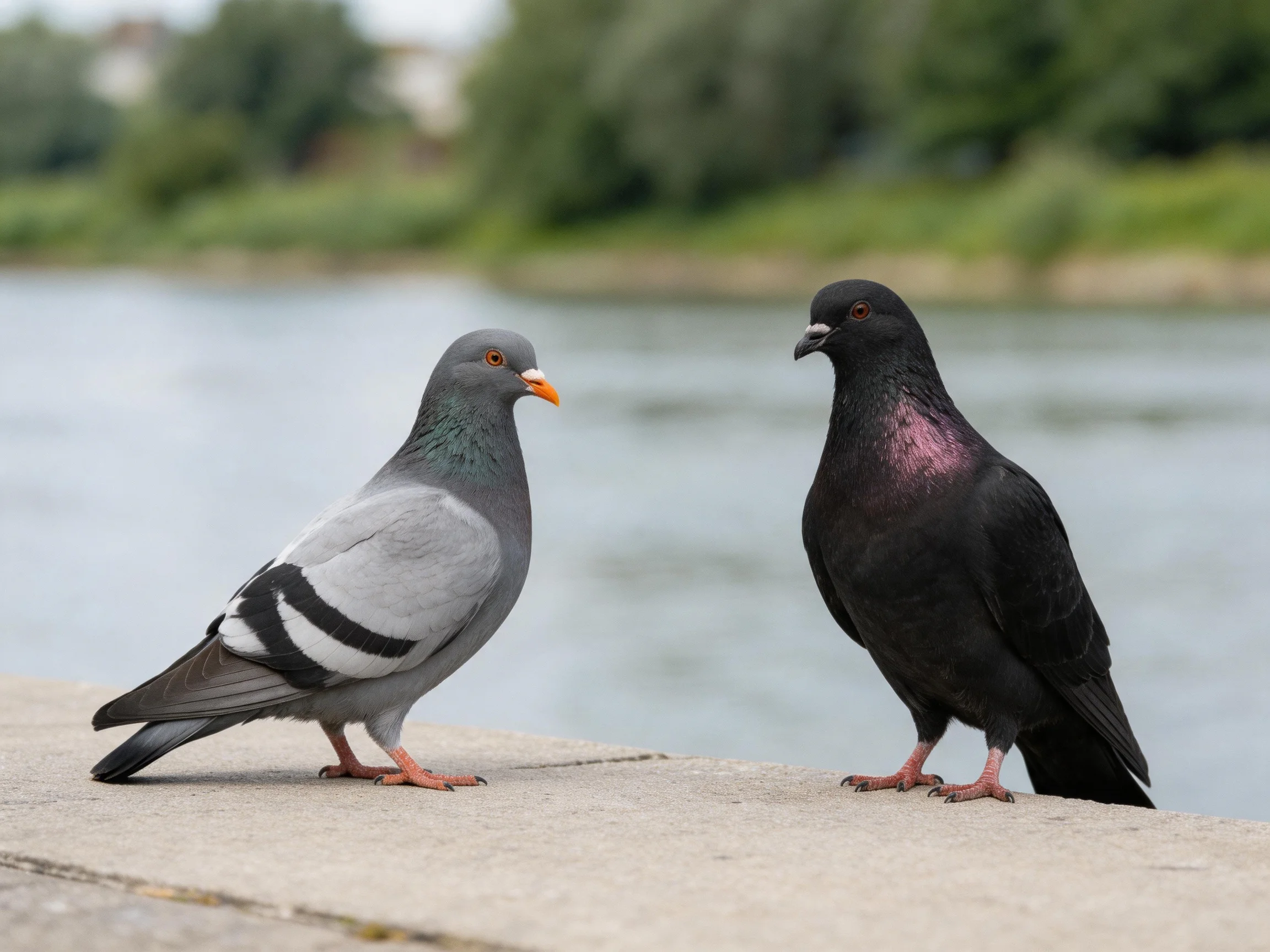 Two pigeons, one gray and one black, on a waterfront