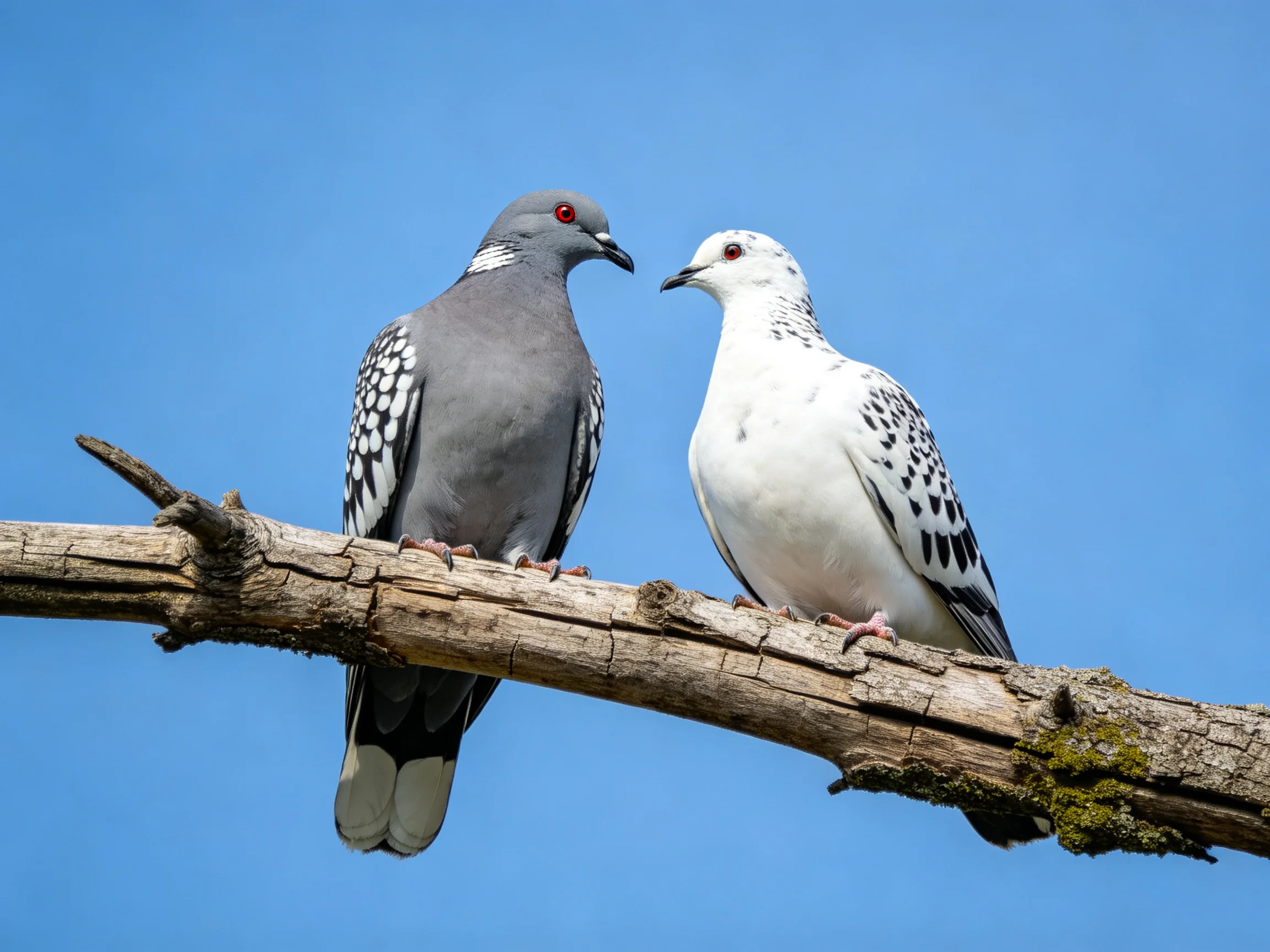 Two pigeons, one gray and one white, perch on a weathered branch