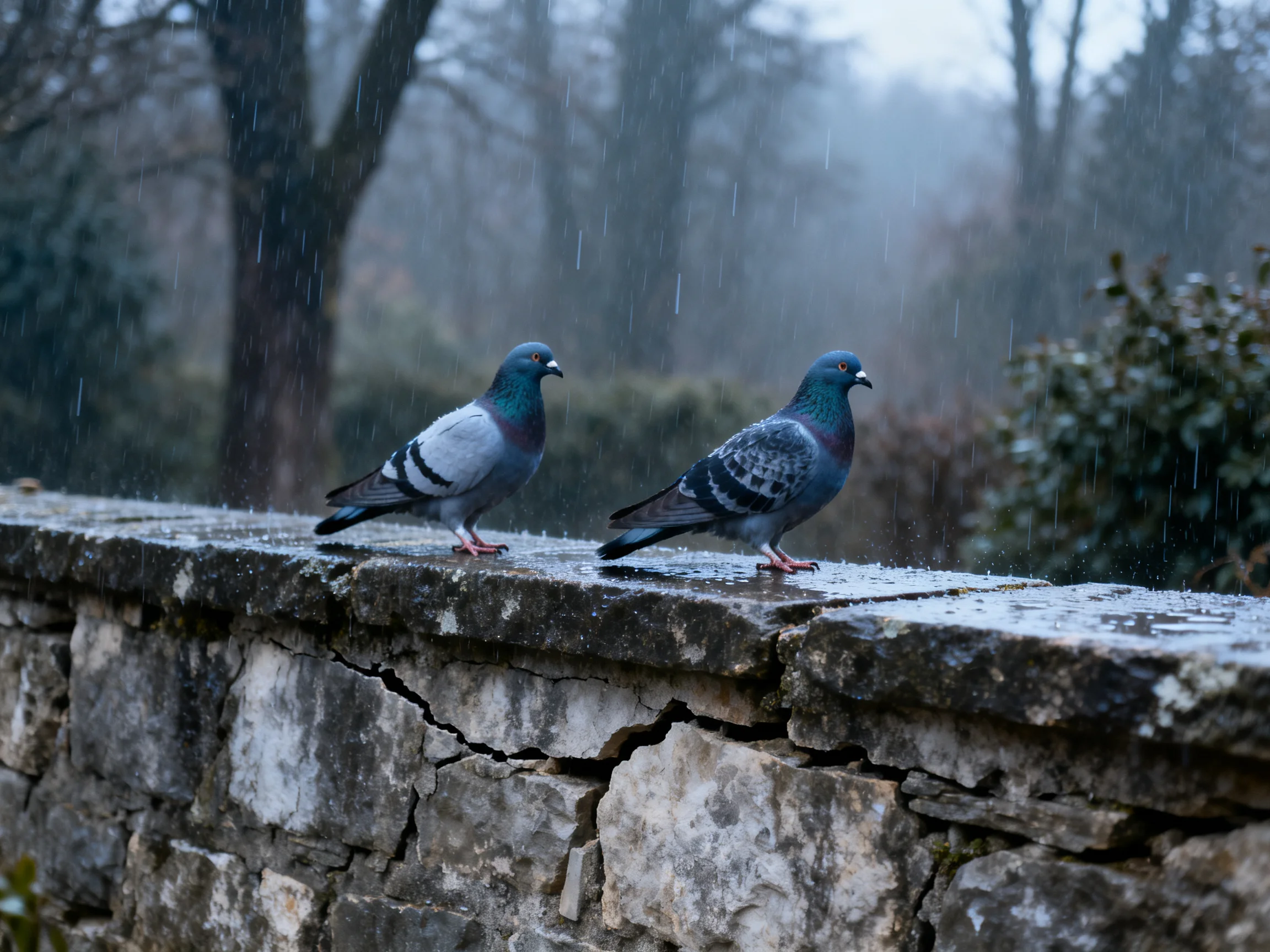 Two pigeons perch on a weathered stone wall amid falling rain