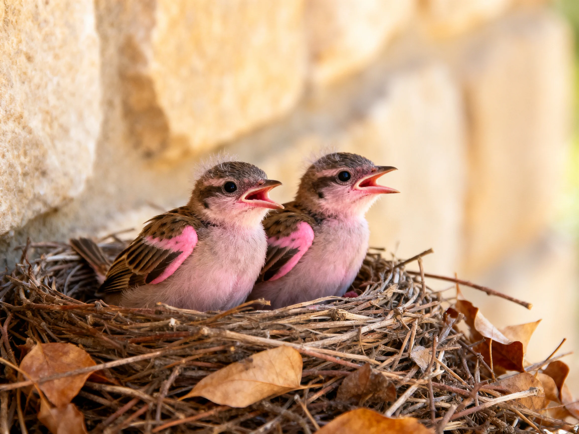 Two pink-chested baby birds in a straw-filled by a stone wall