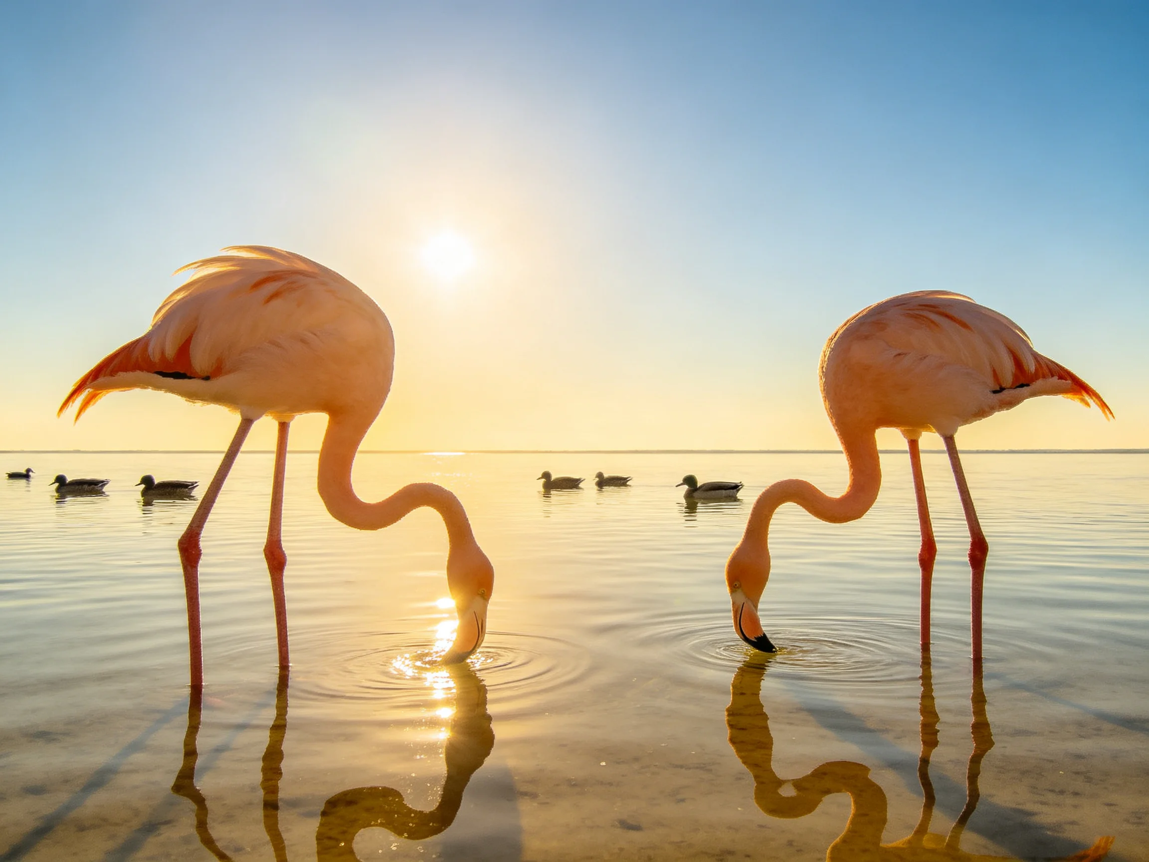 Two pink flamingos drink from calm waters near six ducks under bright sun