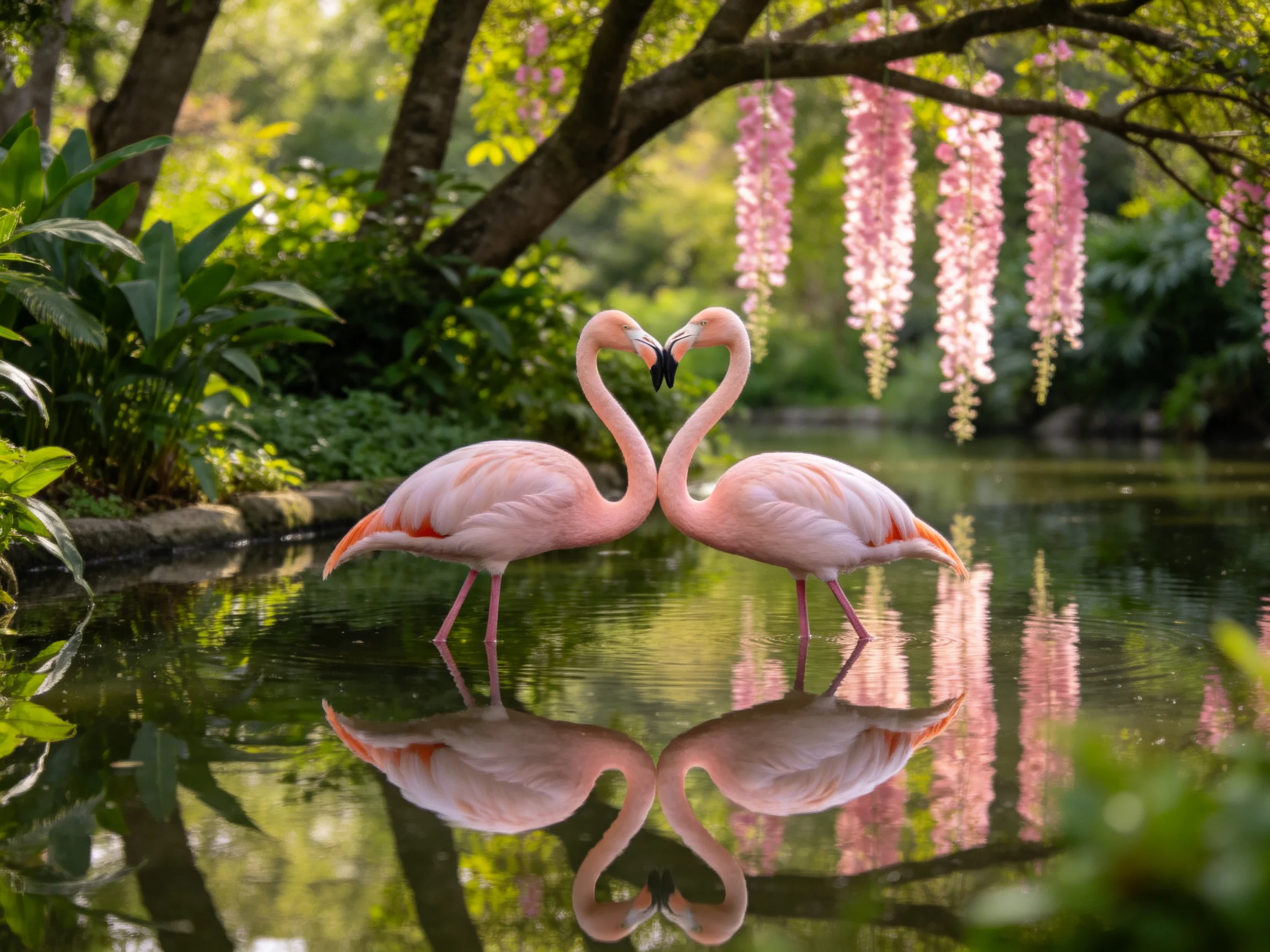 Two pink flamingos form a heart in calm water surrounded by lush greenery