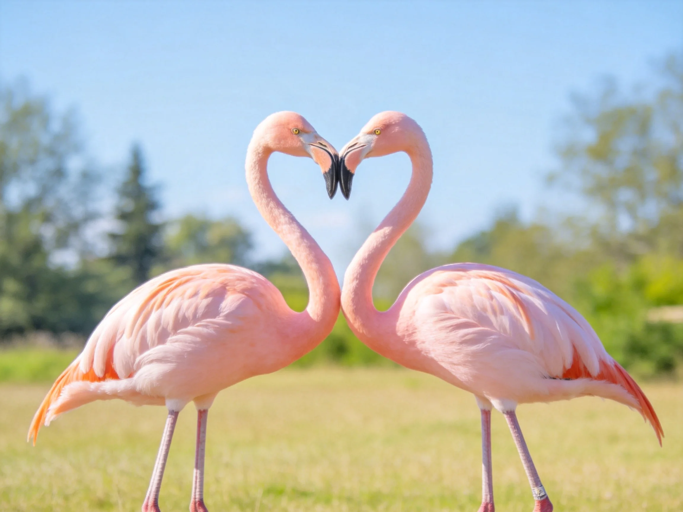 Two pink flamingos form a heart shape in a sunny field