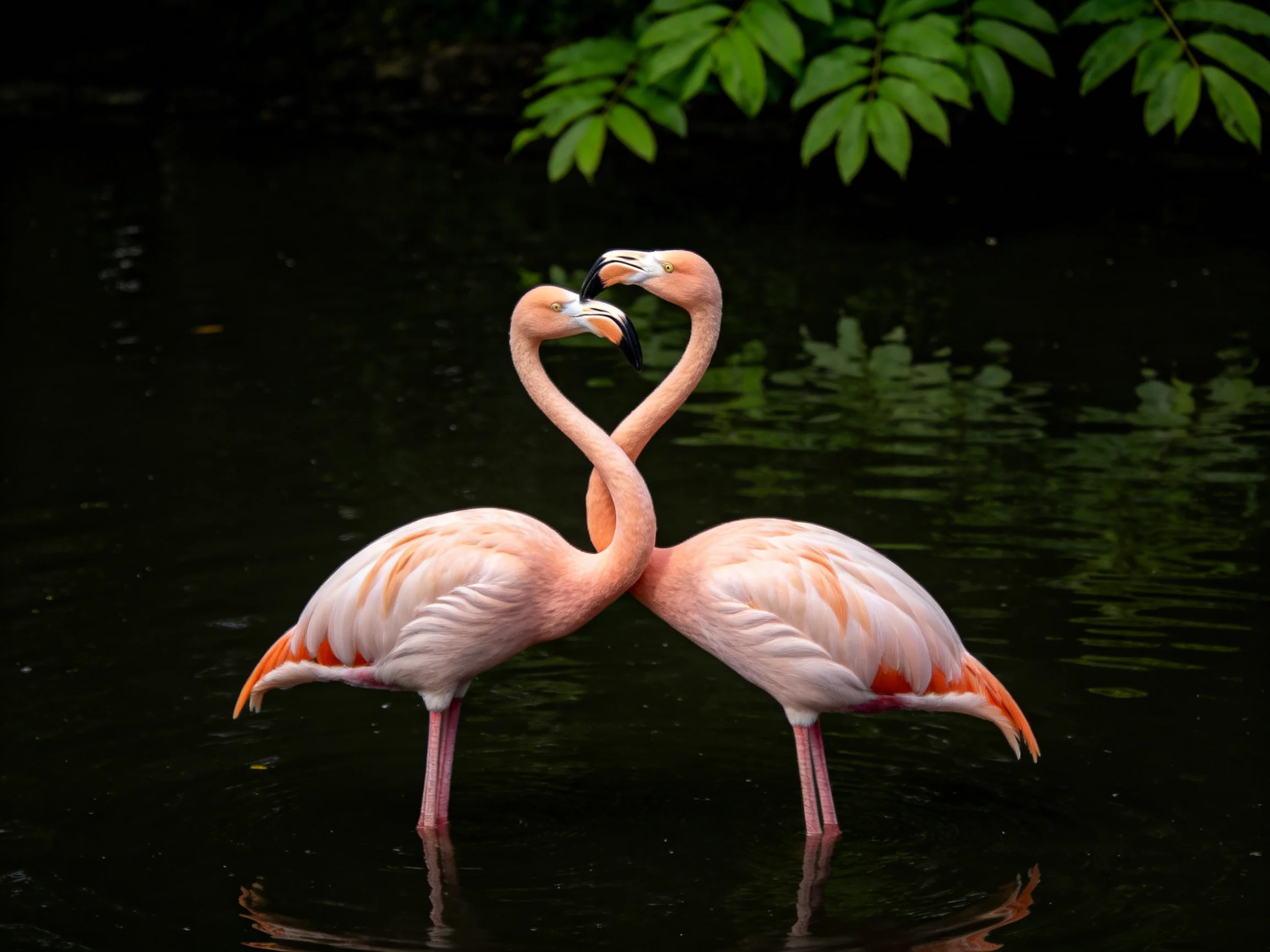 Two pink flamingos form a heart shape in dark water