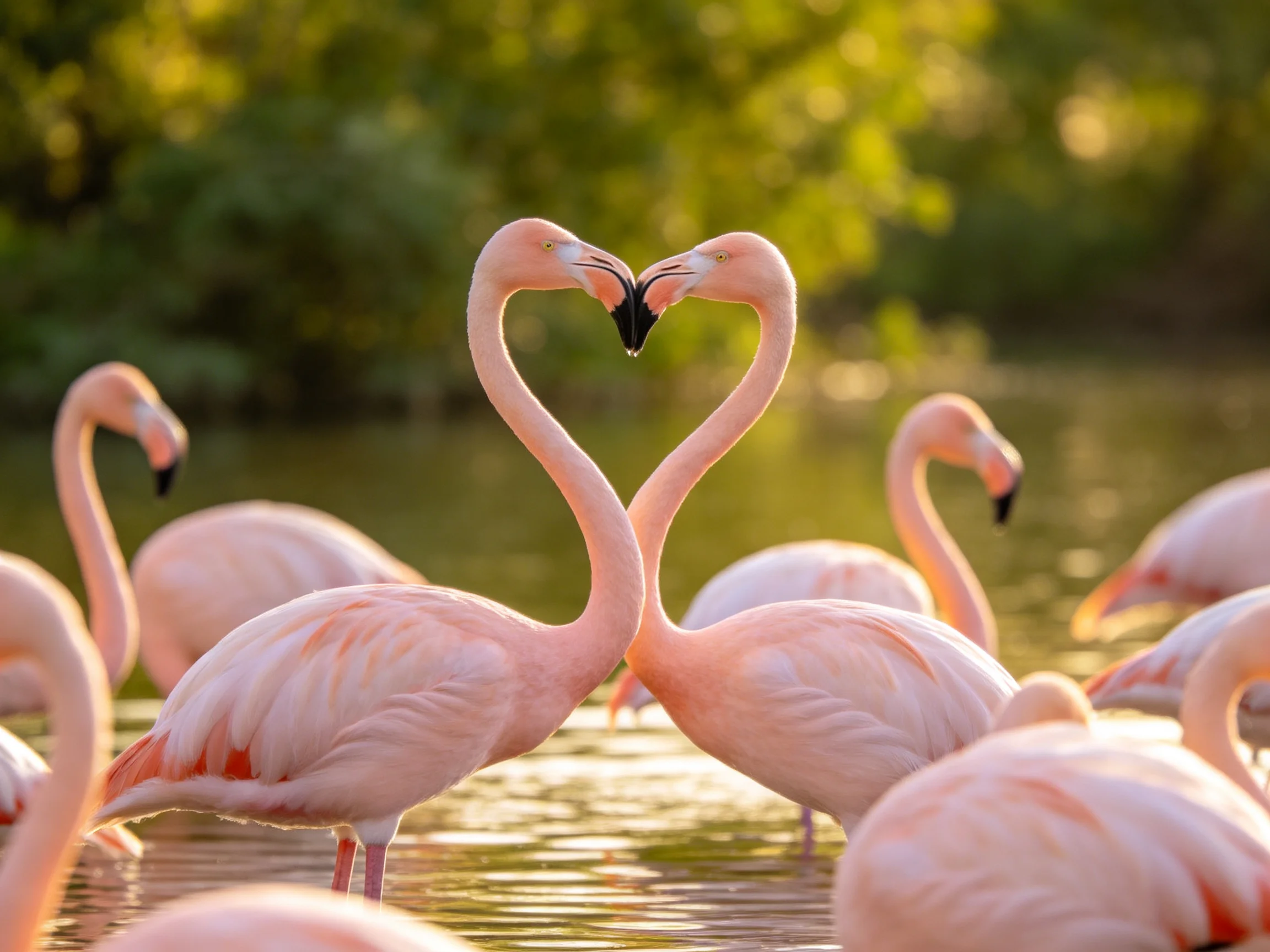 Two pink flamingos form heart shape among group by water