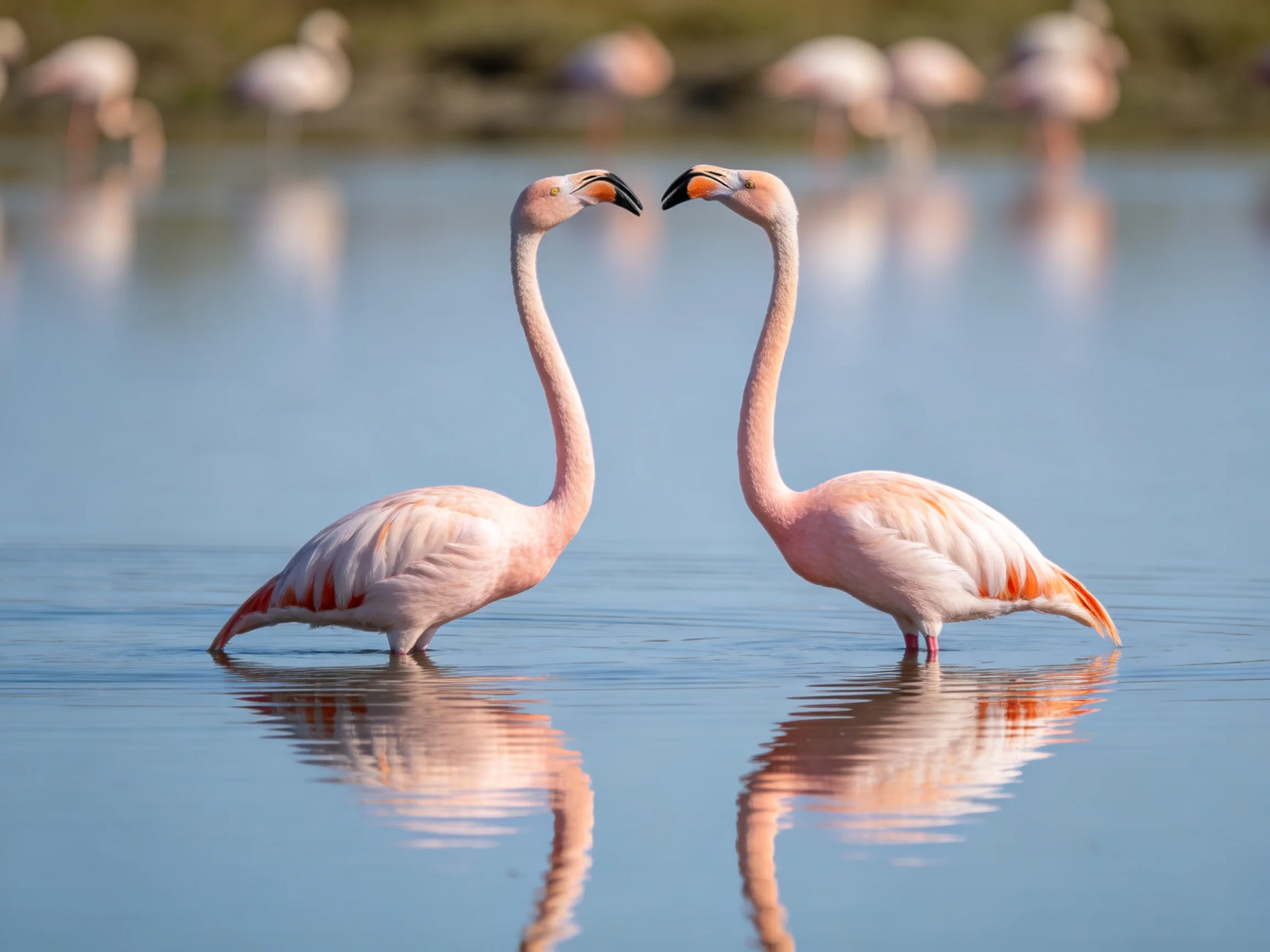 Two pink flamingos interact in calm water with distant flamingo flock