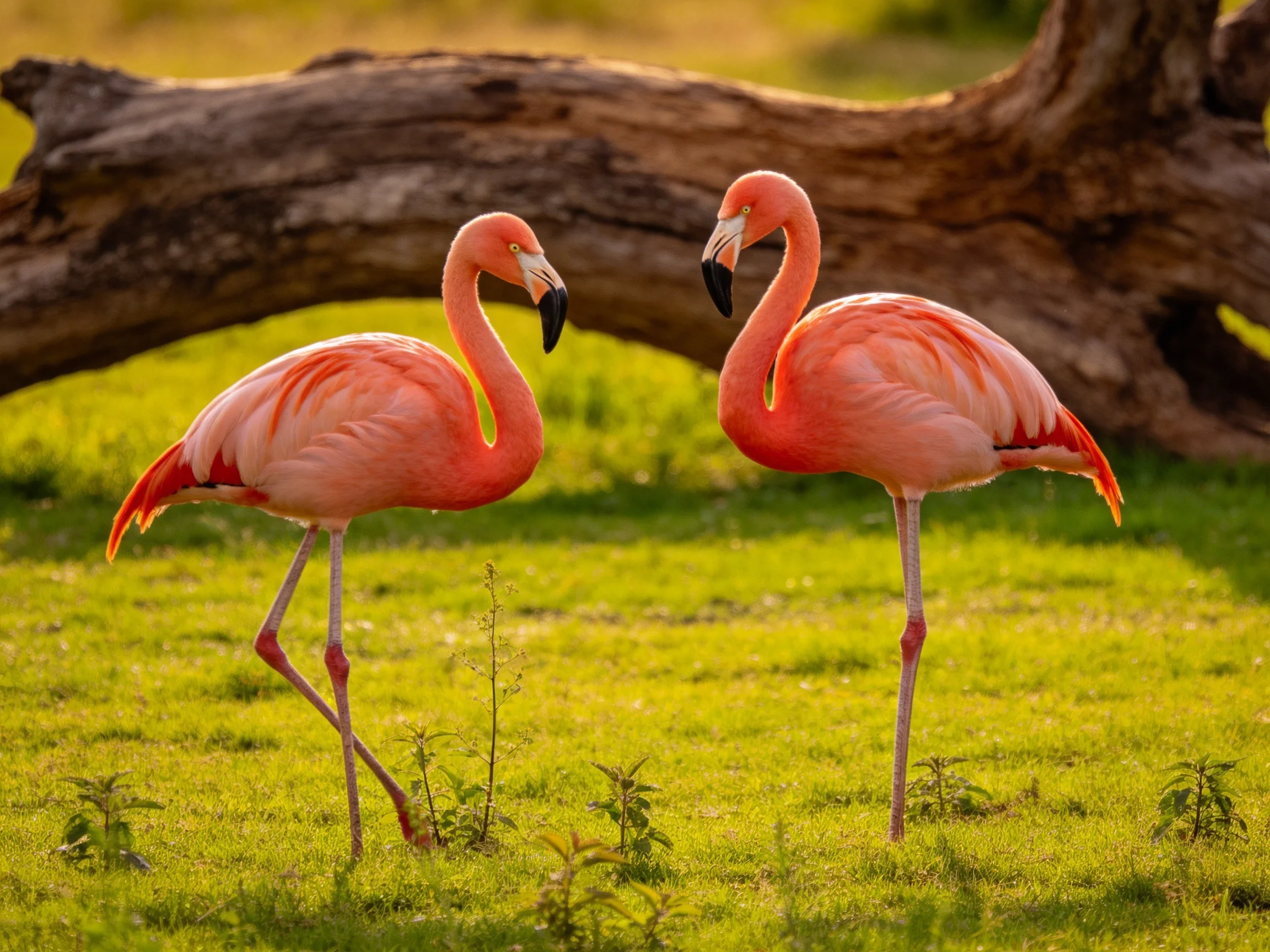 Two pink flamingos near a large brown fallen tree trunk