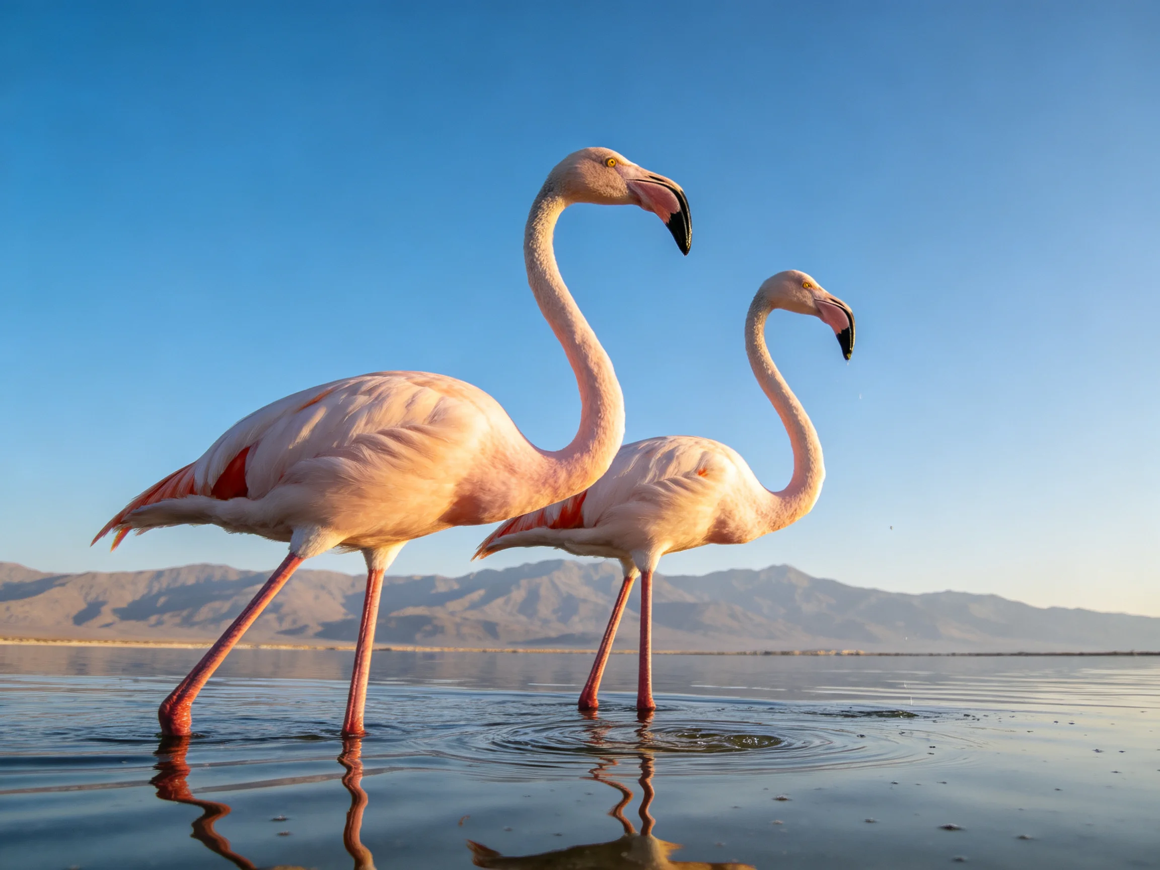 Two pink flamingos wade in shallow water near mountainous terrain