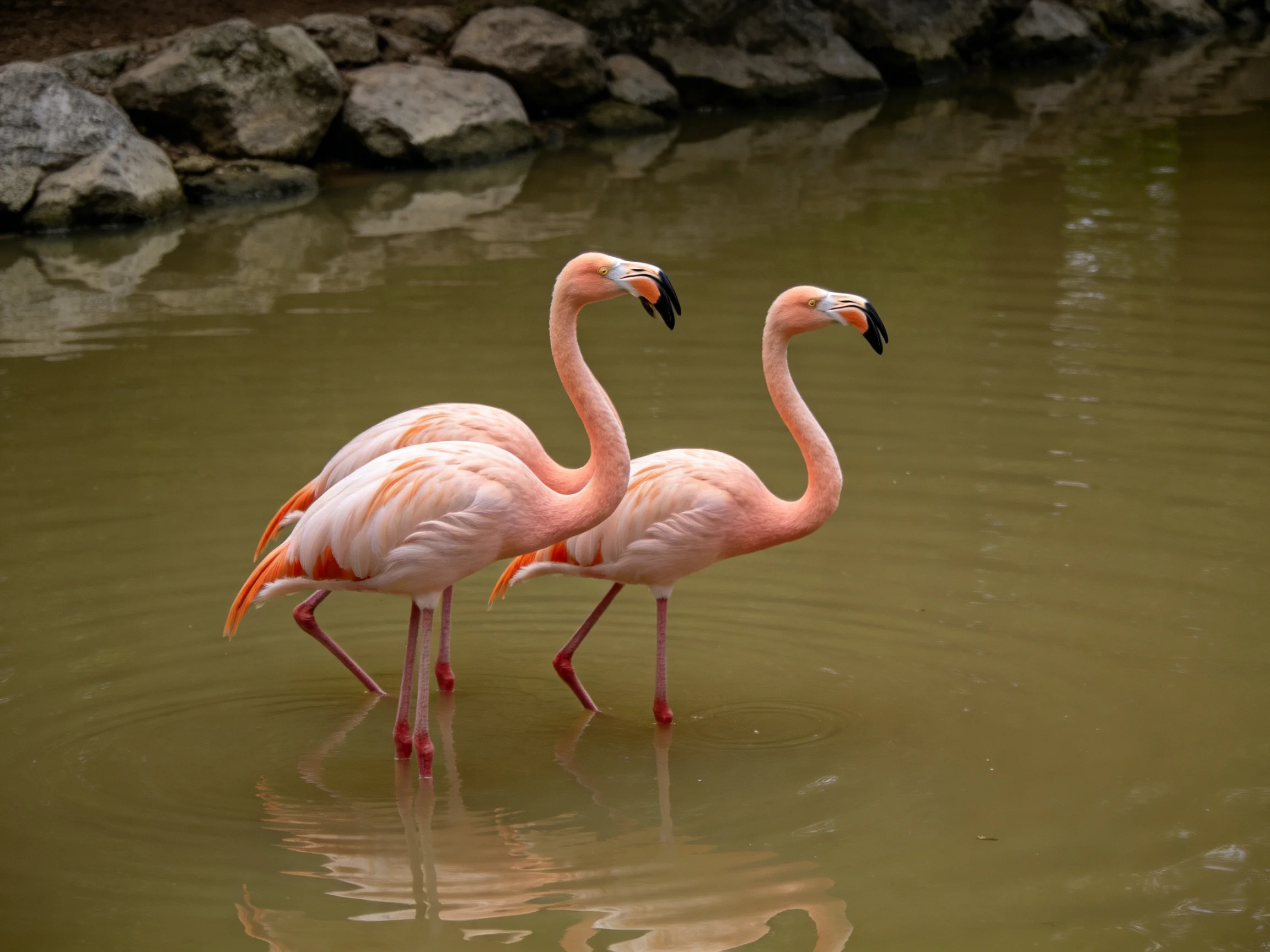 Two pink flamingos wade through calm brown water near rocky shore