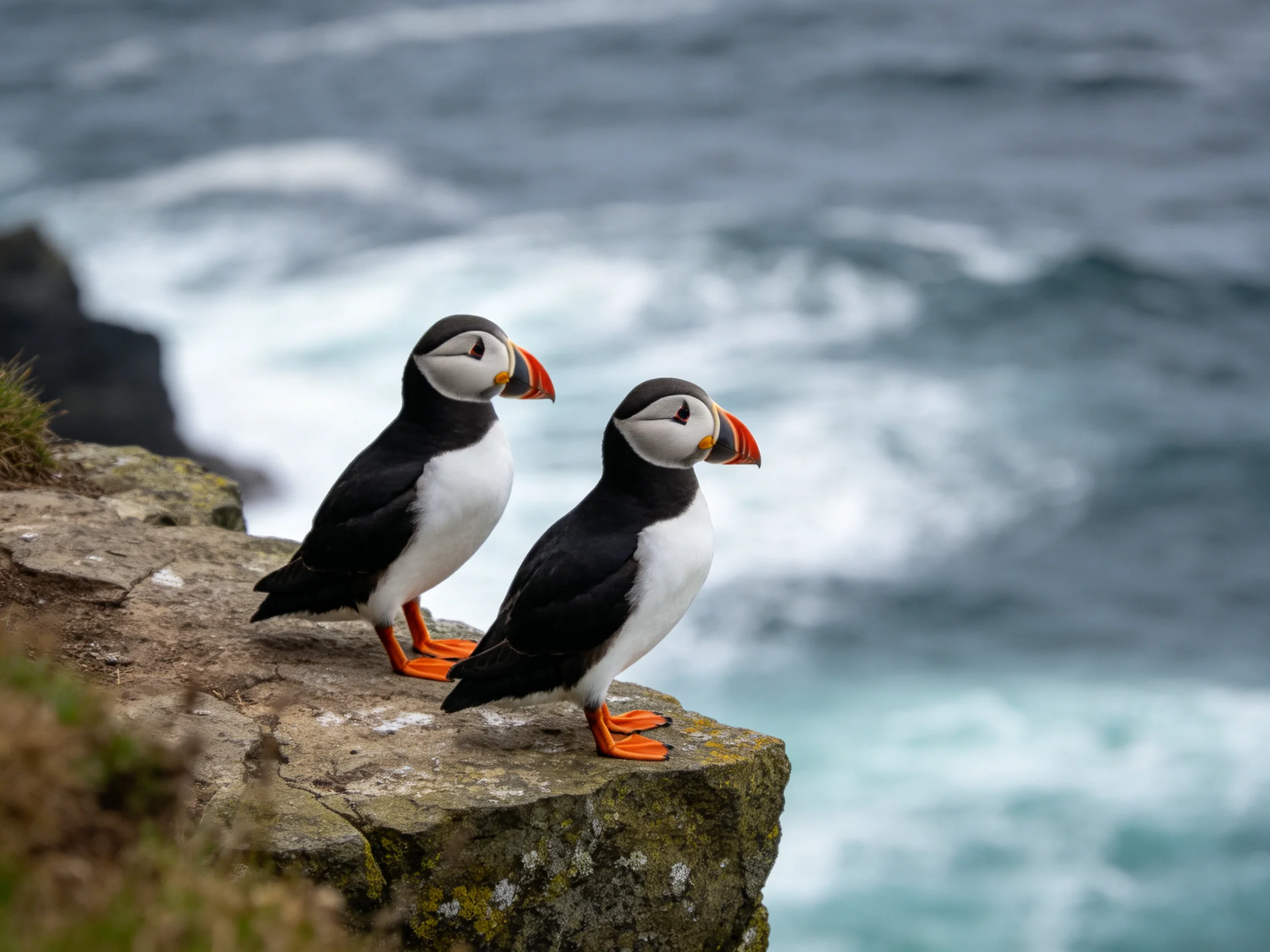 Two puffins stand on a rocky cliff by the churning ocean