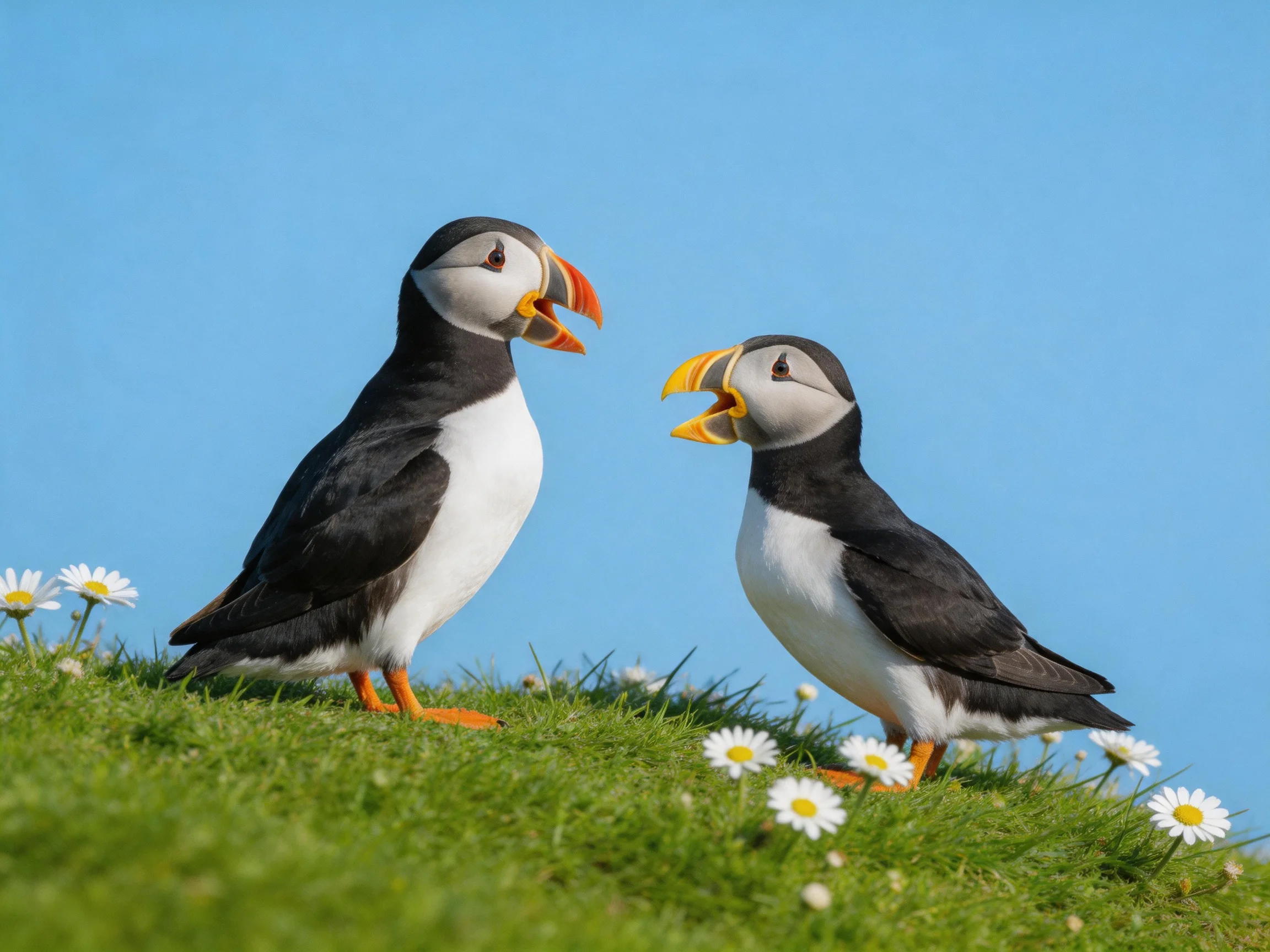 Two puffins with colorful beaks on a grassy hillside with daisies