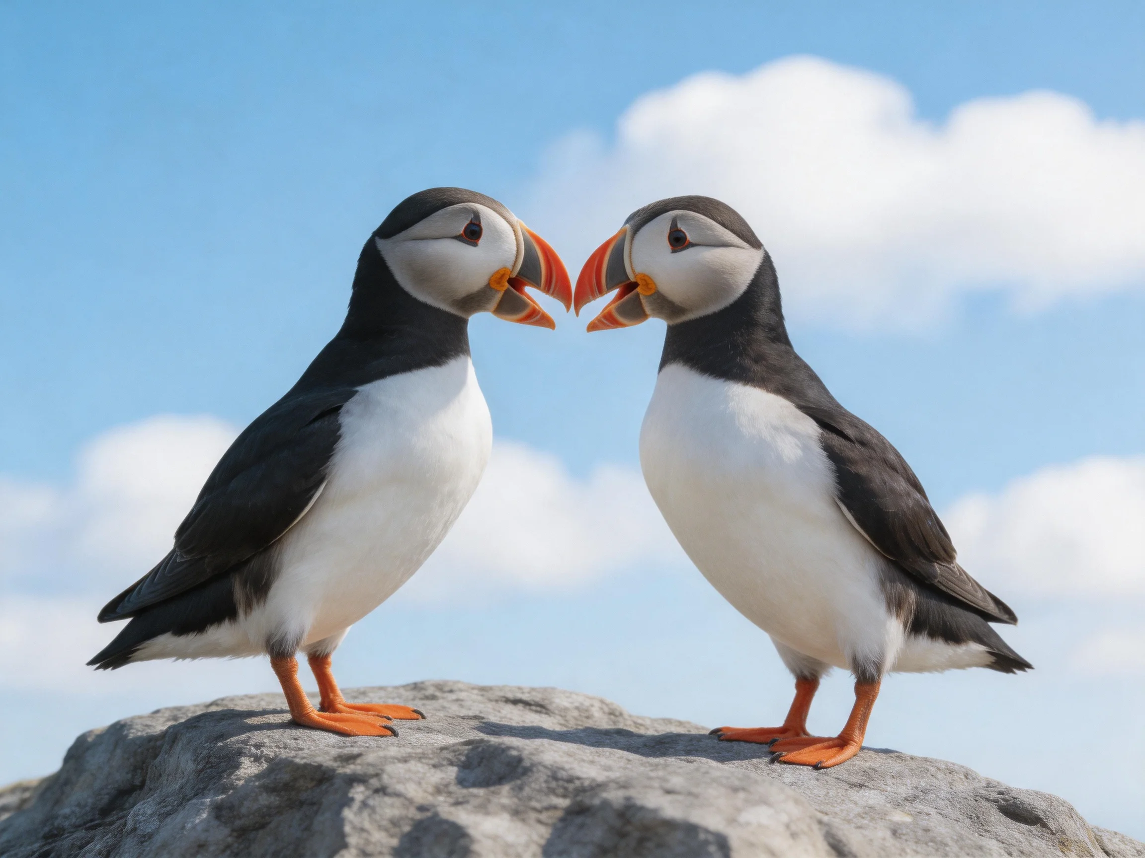 Two puffins face each other on a rock beneath a bright blue sky with scattered clouds.
