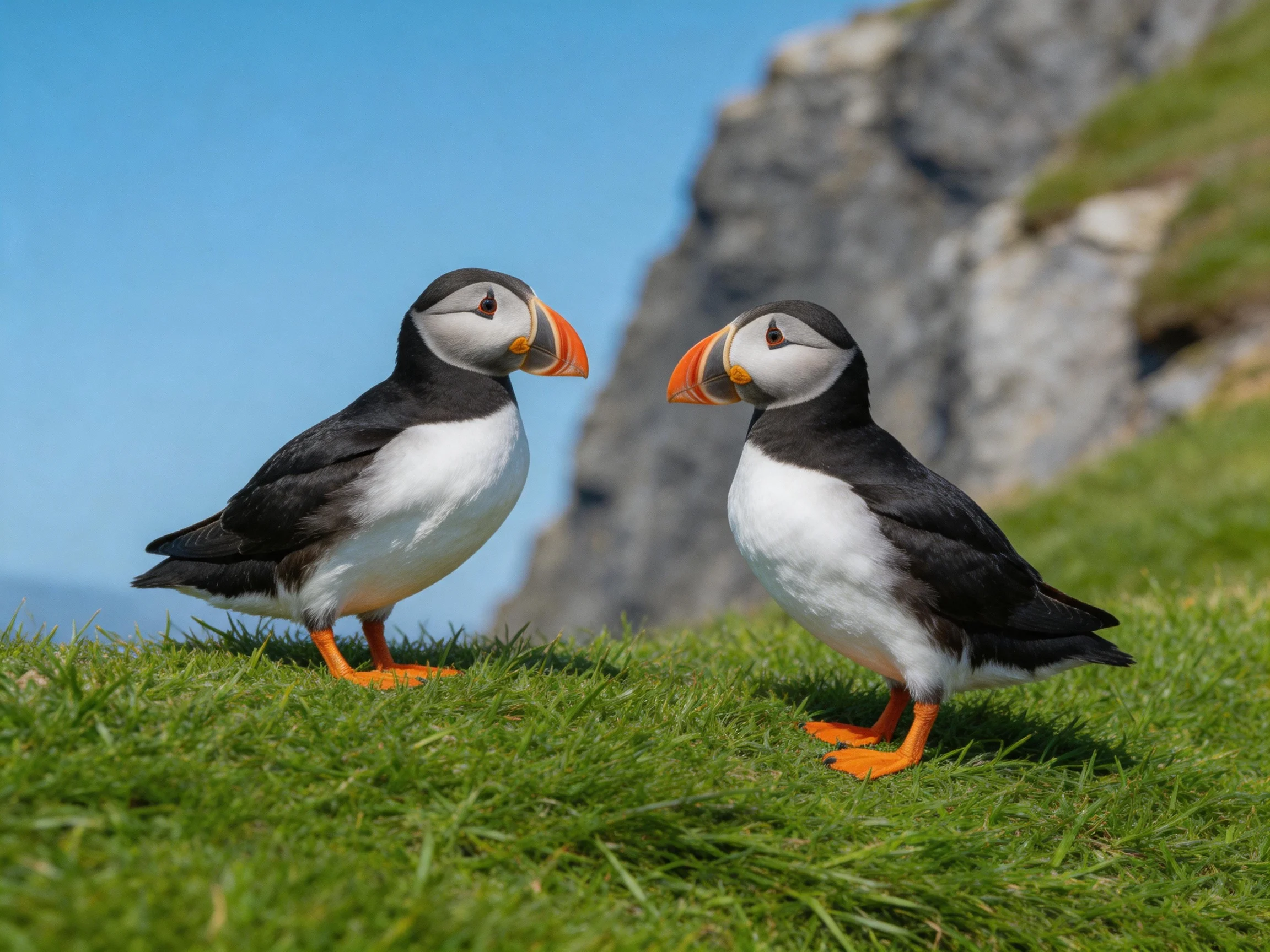 Two puffins with orange beaks on green grass near a rocky cliff