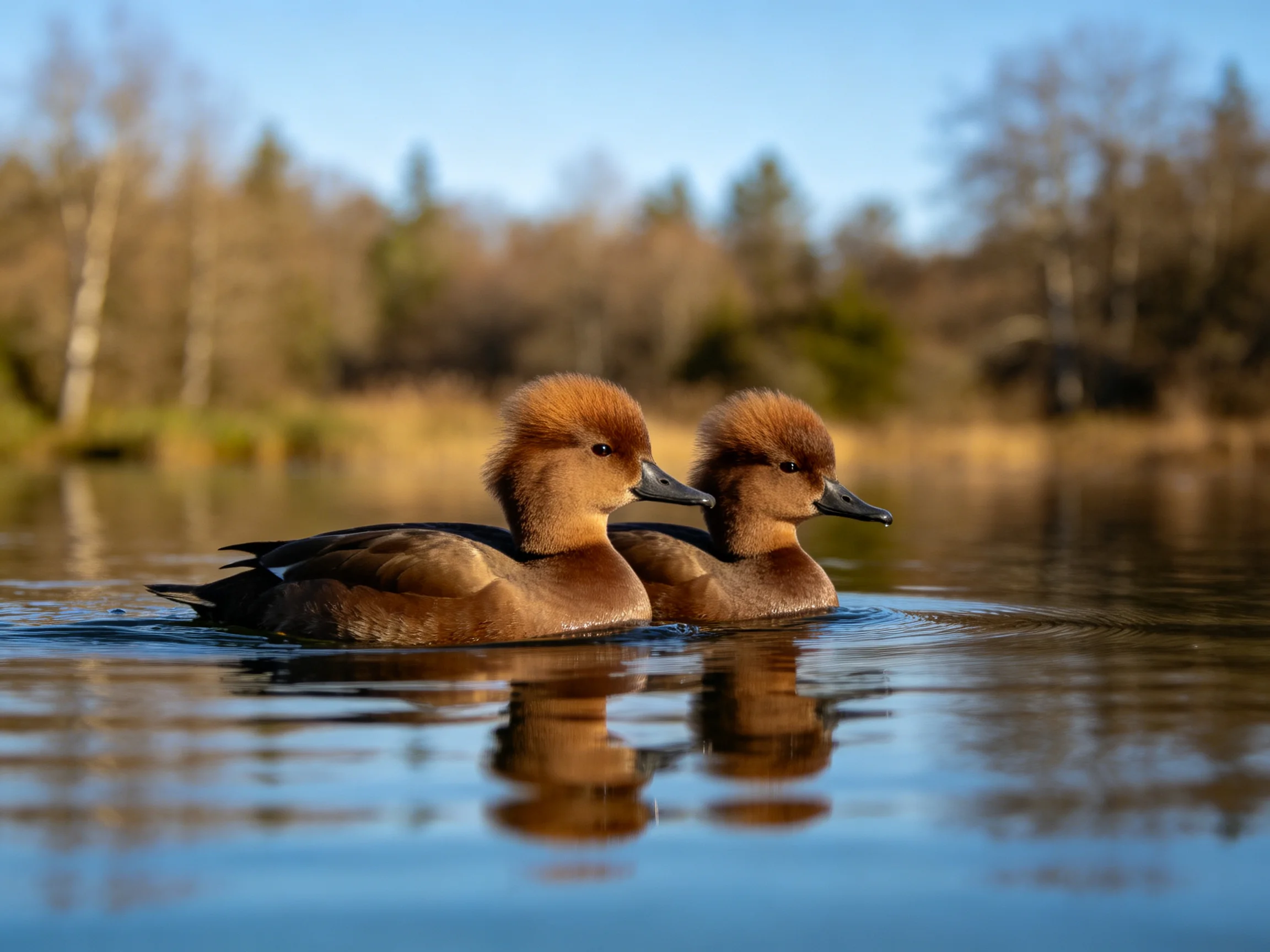 Two reddish-brown ducklings swim together in calm water