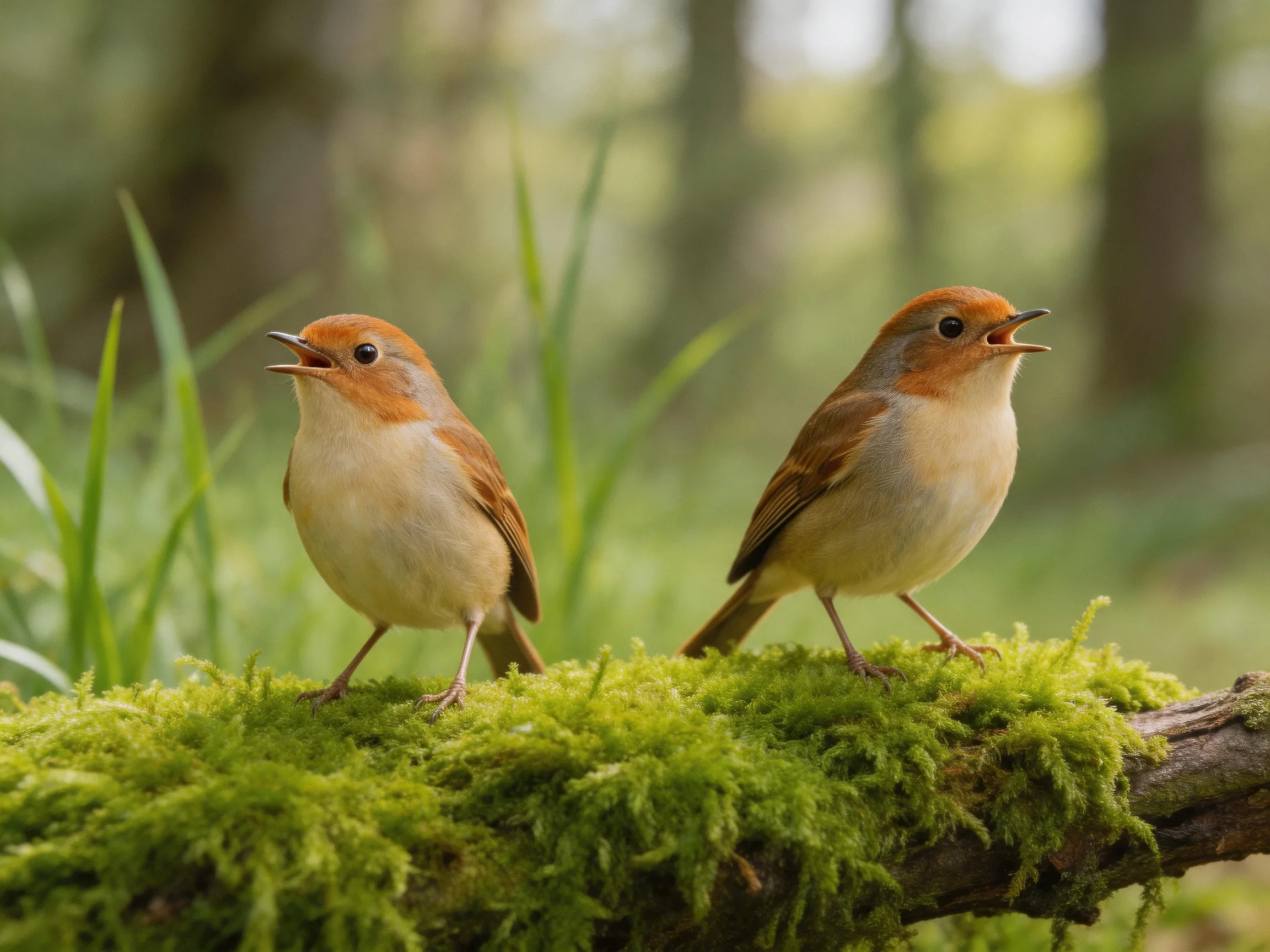 Two reddish-headed birds sing while standing on a mossy tree branch