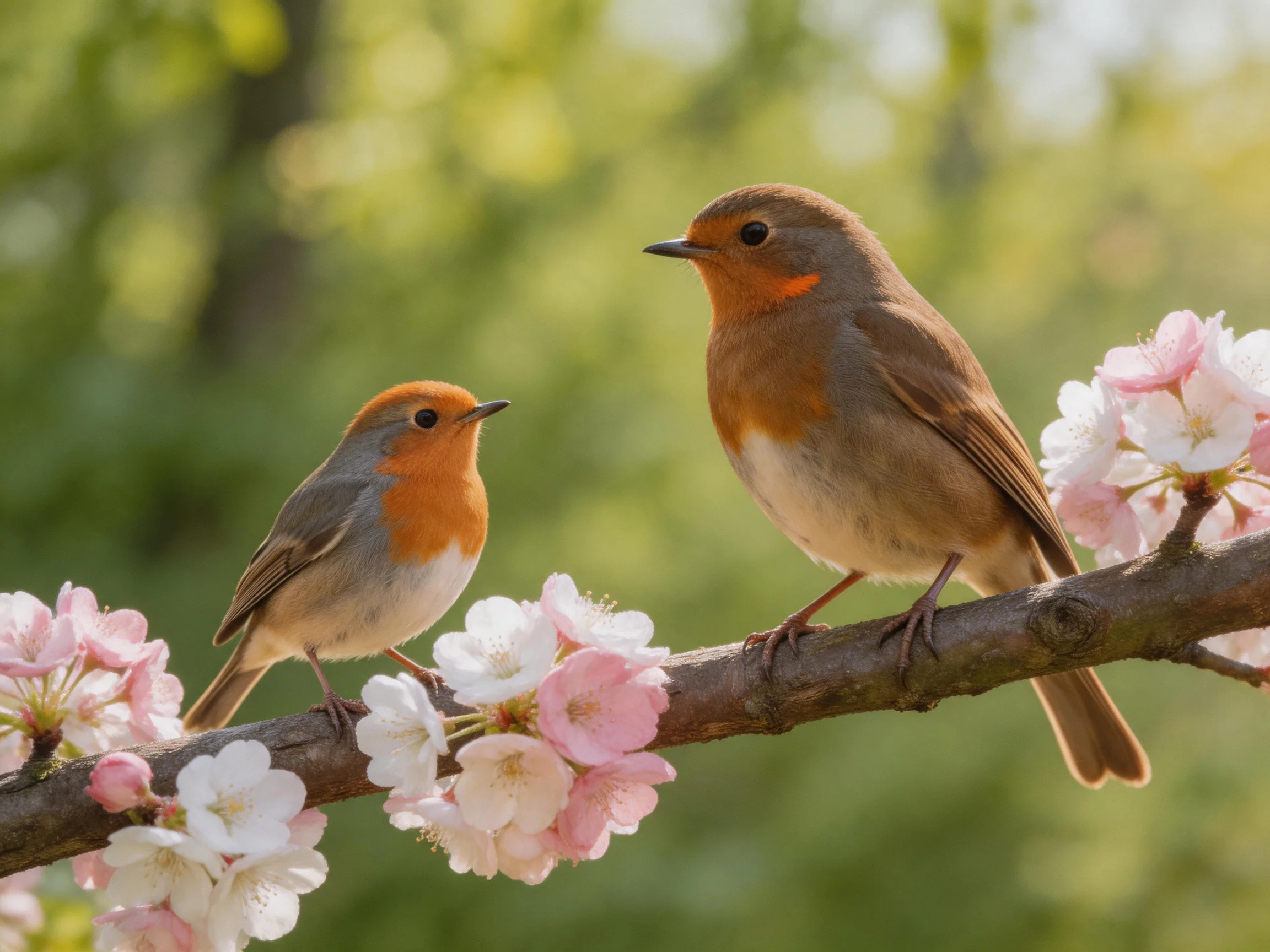 Two robins perch on a blossoming branch amid pink and white flowers