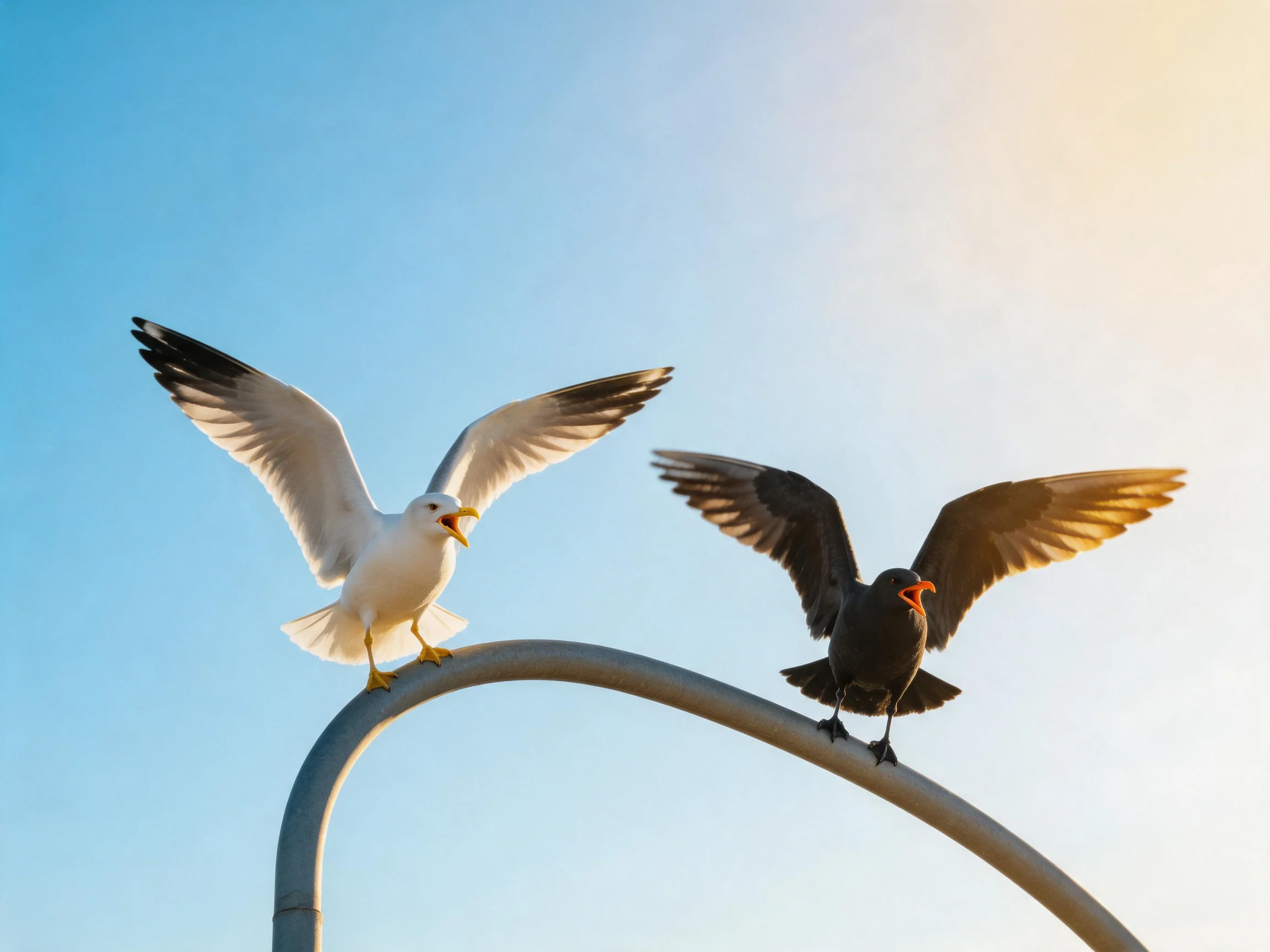 Two seabirds, one white and one dark, perch on a curved metal pole under clear sky