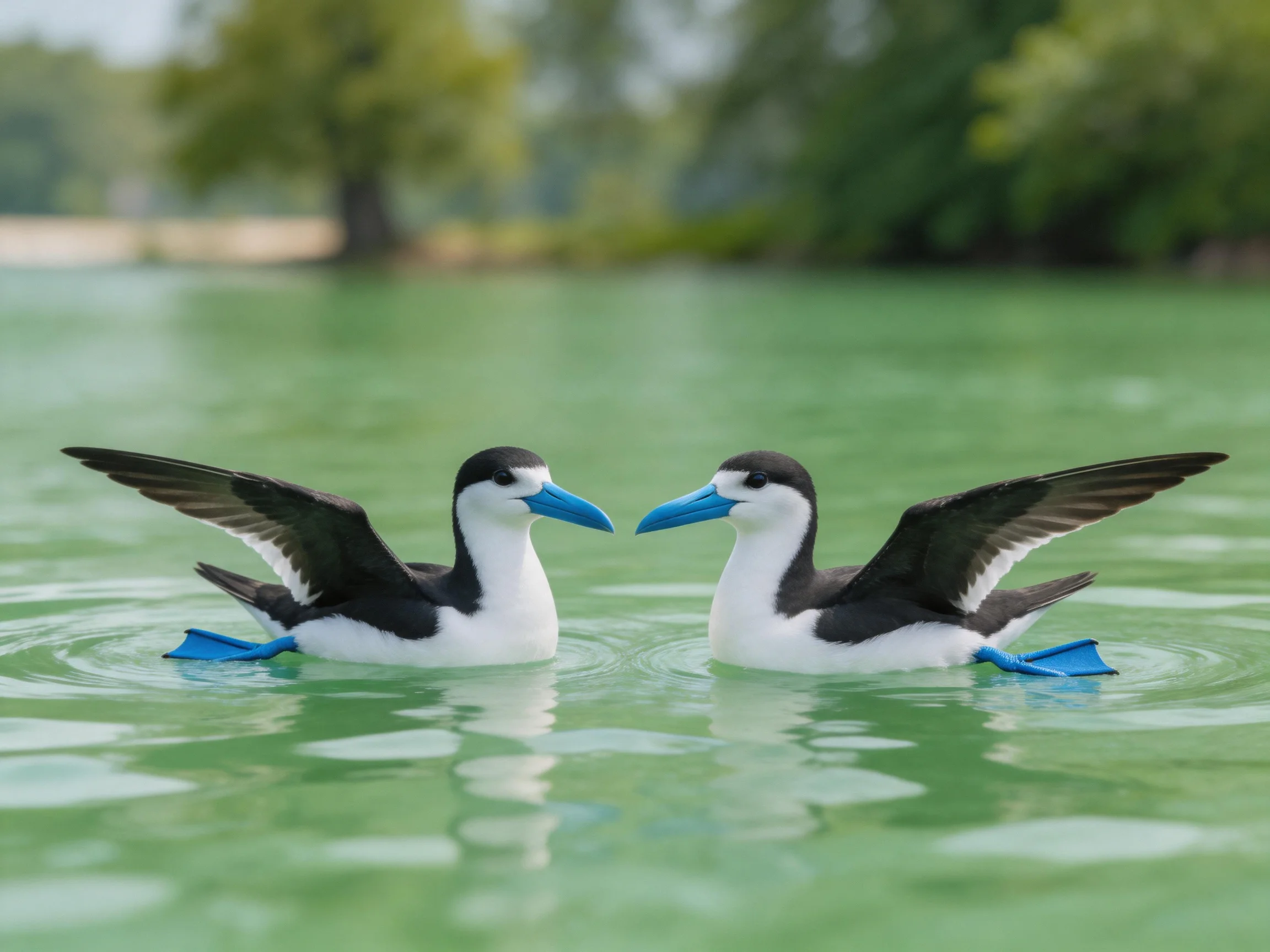 Two seabirds with black, white, and blue features swim in green water