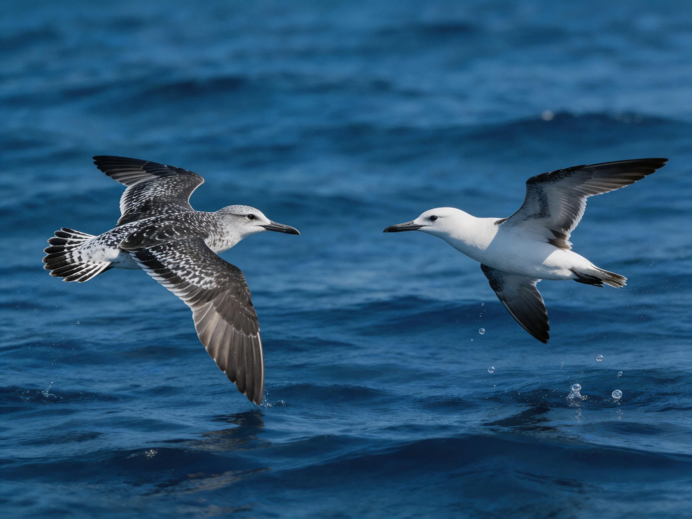 Two seabirds with contrasting plumages fly over deep blue ocean
