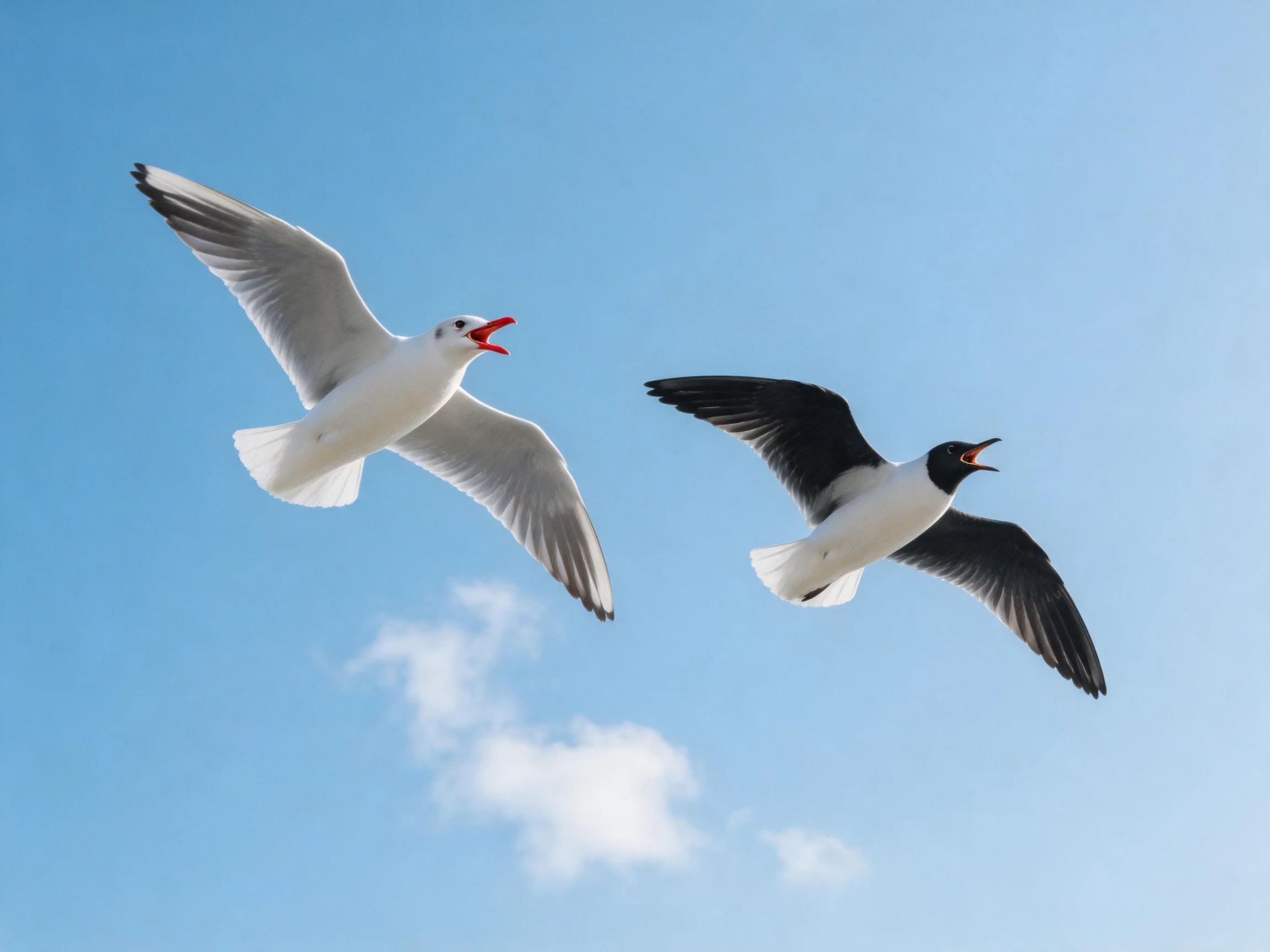 Two seagulls fly side by side under bright blue sky